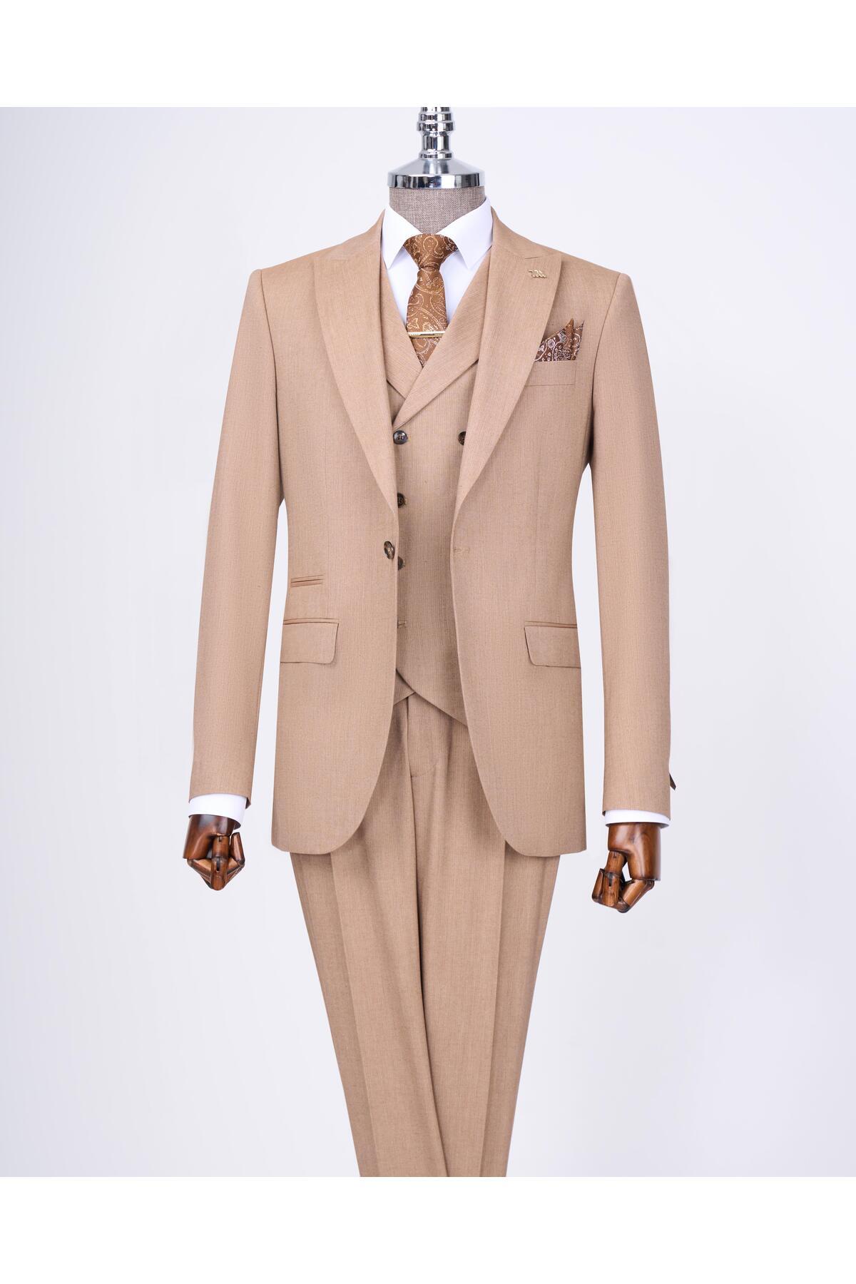 TerziAdemAltun İtalyan stil ceket yelek pantolon takım elbise camel T12820 görsel 5