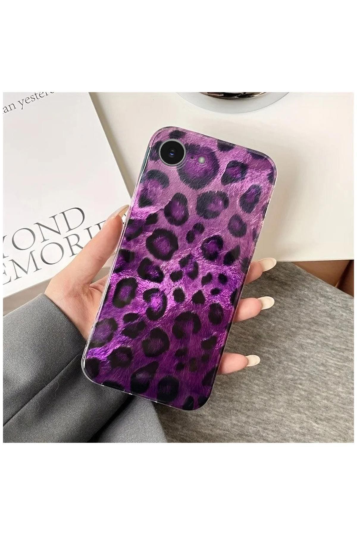 Pro Aksesuar Apple iPhone 16e Uyumlu Kılıf Lüx Leopar Desenli Silikon Kılıf Mor