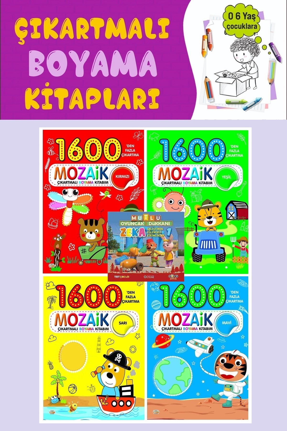3-6 yaş Mozaik Çıkartmalı Boyama Kitabım Seti (4 Kitap)- 1600'den Fazla Çıkartma