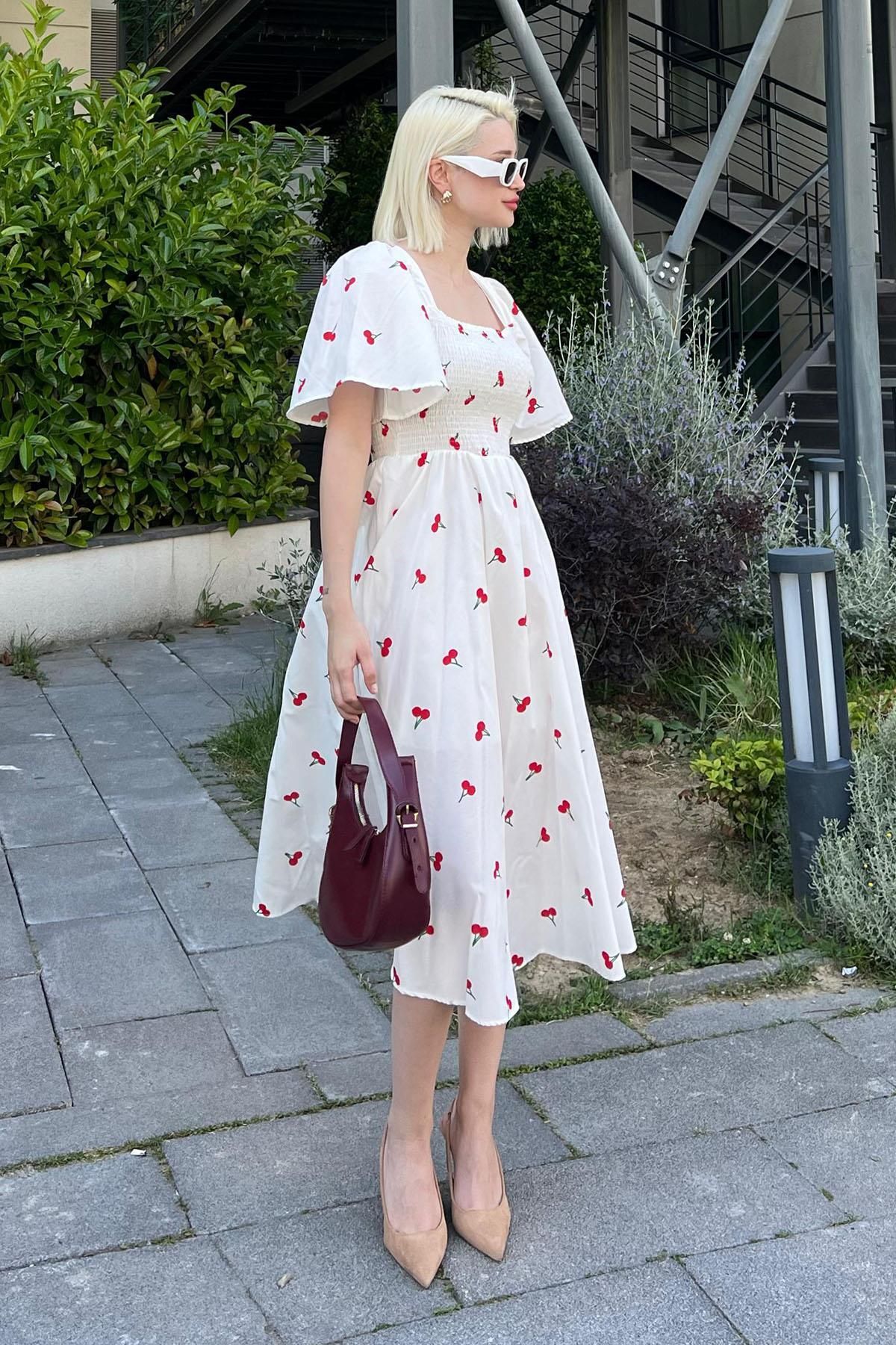 Madmext-White Patterned Midi Dress with Elastic Waist - Mg2101 6
