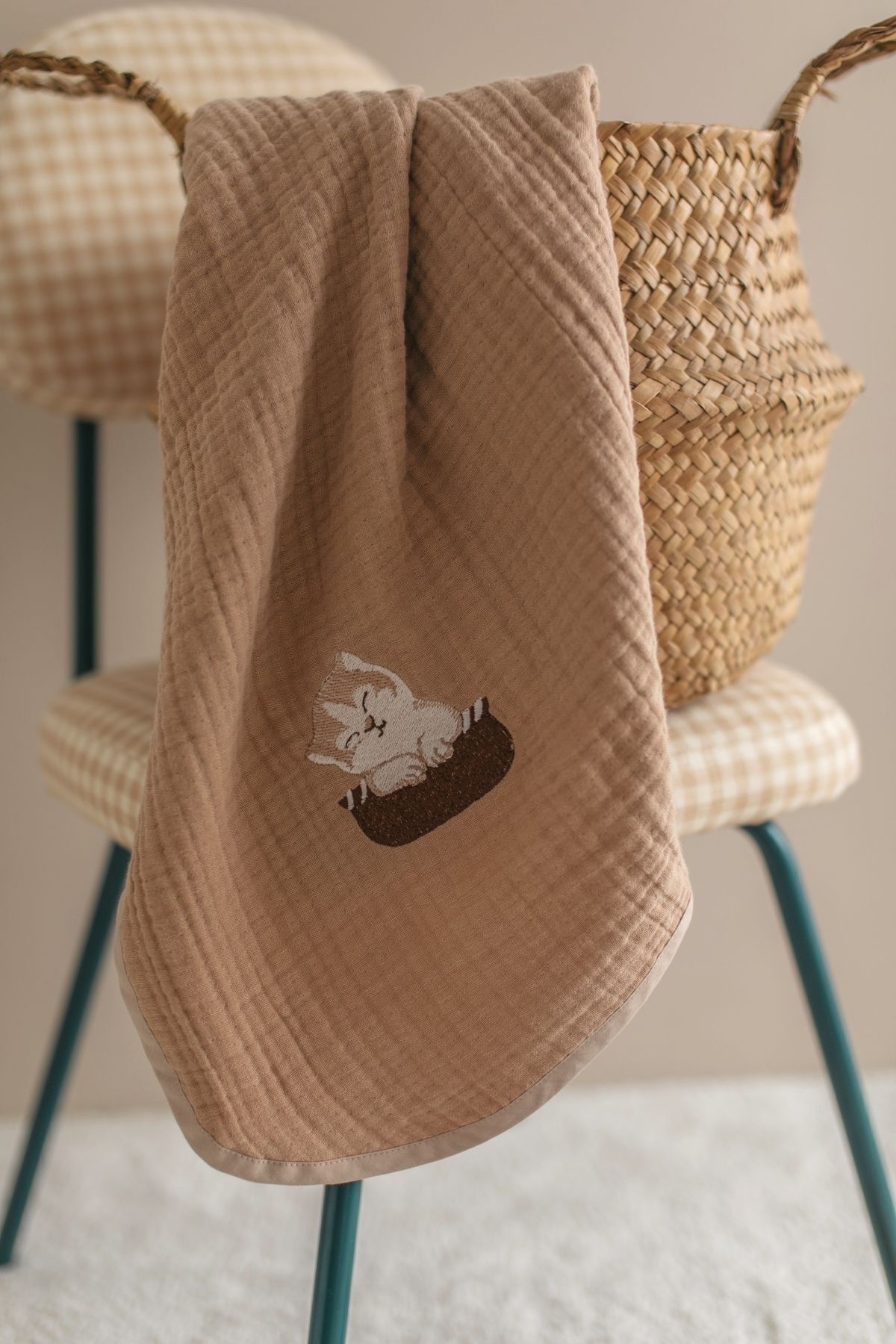 100% Organic Cotton 4-Tier Muslin Baby Blanket - 100x100cm Cat Embroidery Muslin Blanket Cover