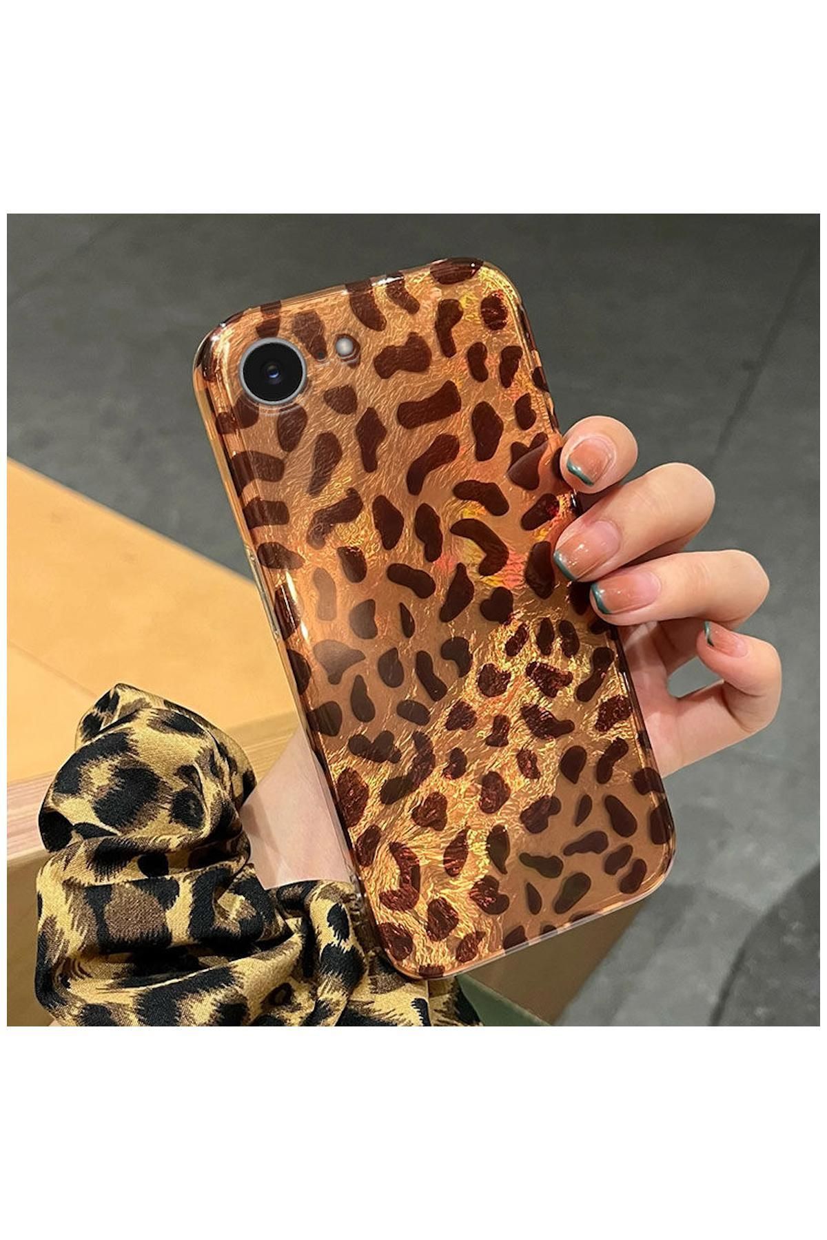 Pro Aksesuar Apple iPhone 16e Uyumlu Kılıf Lüx Leopar Desenli Silikon Kılıf Desert Titanyum
