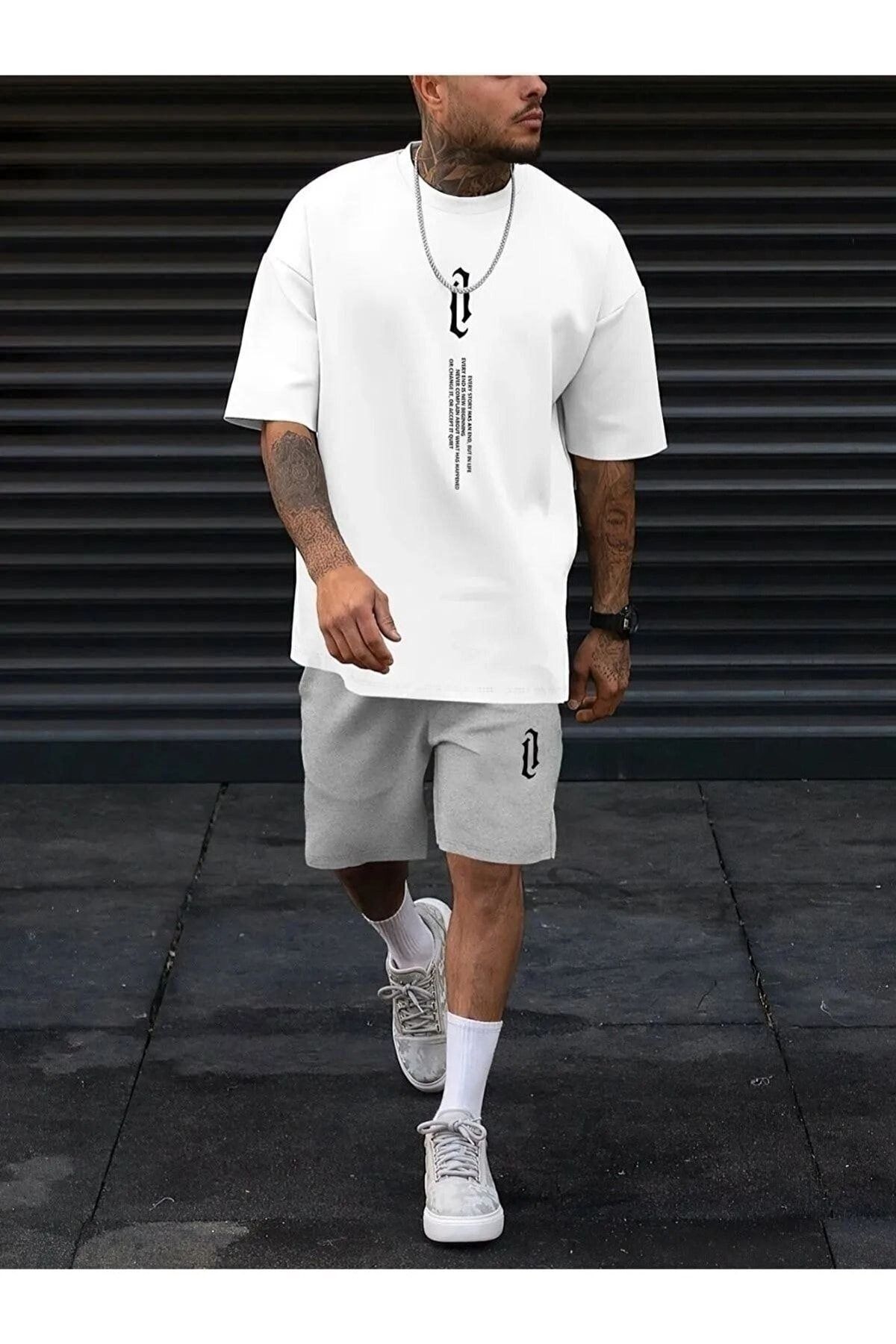 CLAYES Pantaloni Scurți De Tricou Vertical - Alb, Gri, Partea De Jos, De Sus, Combinație De Pantaloni Scurți, Set De Tricou Cu Imprimeu