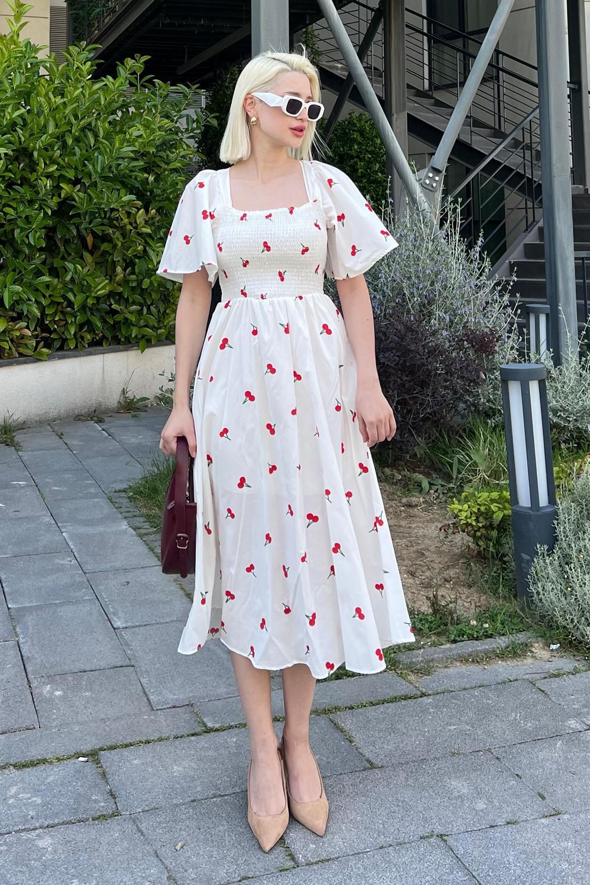 Madmext-White Patterned Midi Dress with Elastic Waist - Mg2101 5