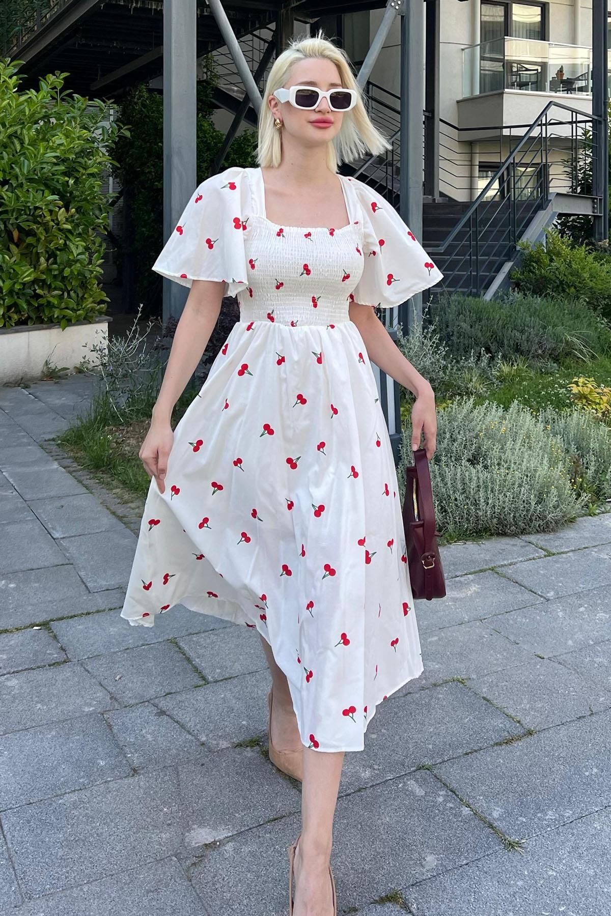 Madmext-White Patterned Midi Dress with Elastic Waist - Mg2101 3