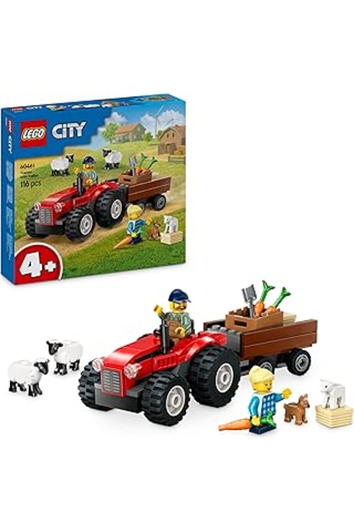 Mu Art Ahşap Lego City Römorklu Kırmızı Çiftlik Traktörü Ve Koyun 60461-4 Yaş Ve Üzeri Çocuklar Için Yaratıcı Oy