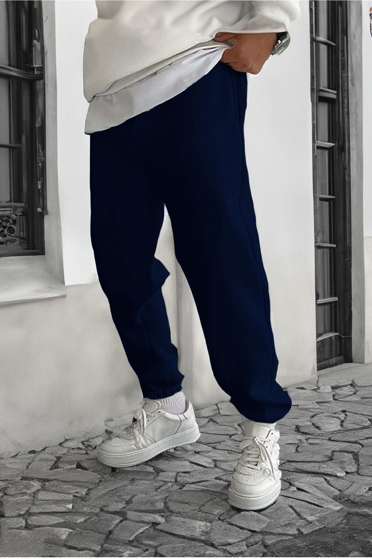 DUBU BUTİK-Smile Face Navy Blue Jogger Thin Sweatpants - Elastic Leg Printed Comfortable Style with Leg Print Detail 2