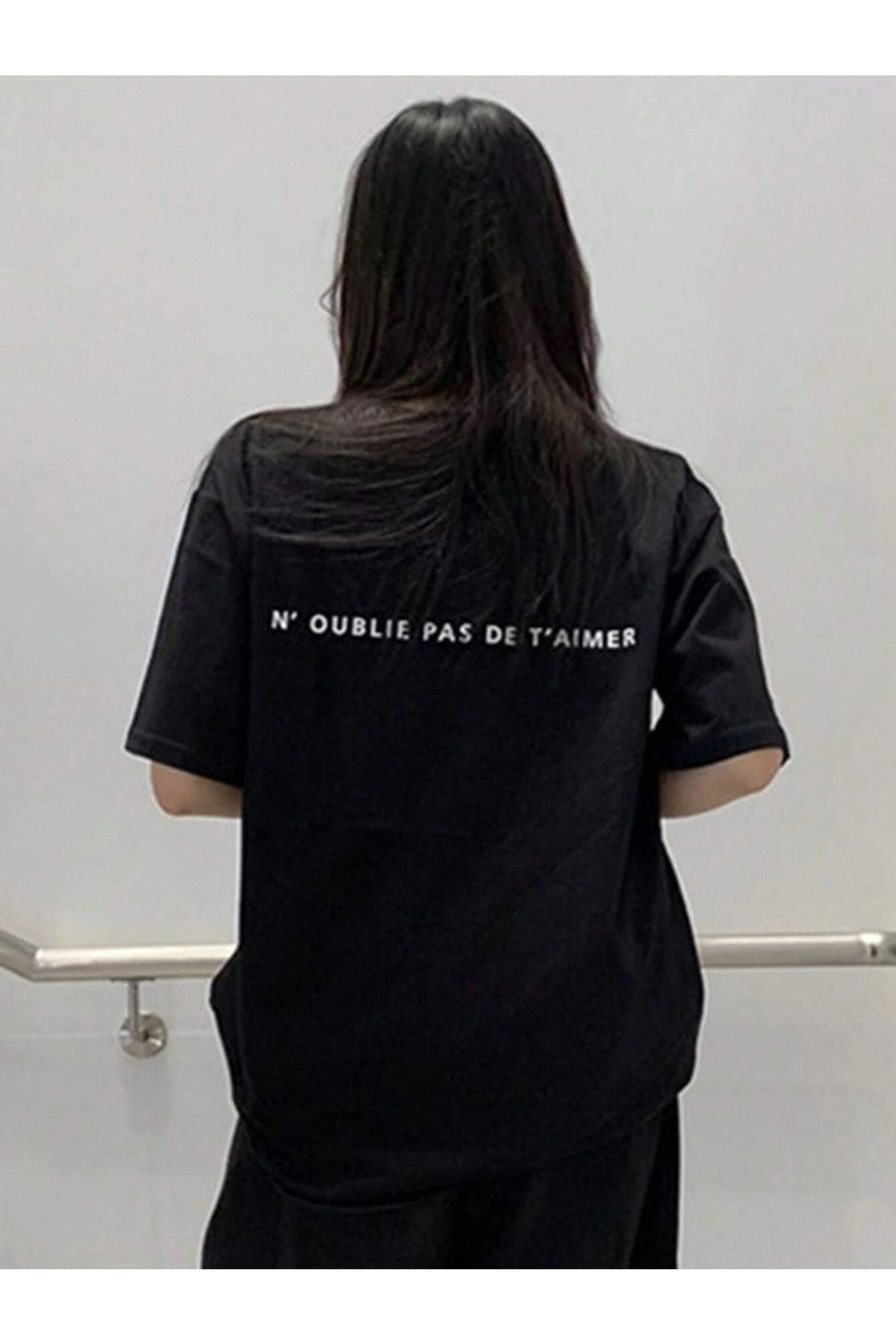 VBSVİBES-Unisex černé oversize N' Oublie tištěné pletené tričko 1