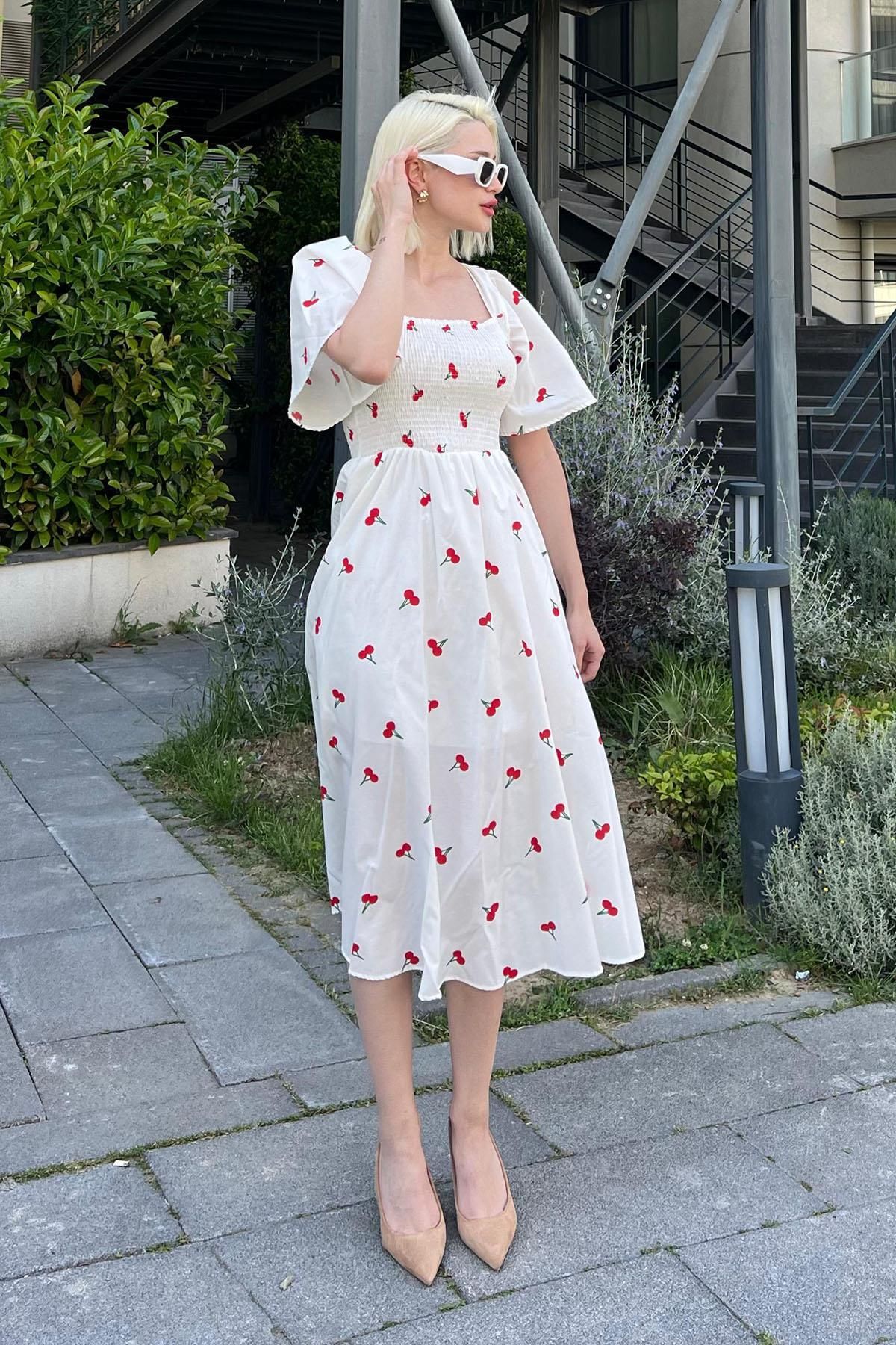 Madmext-White Patterned Midi Dress with Elastic Waist - Mg2101 2