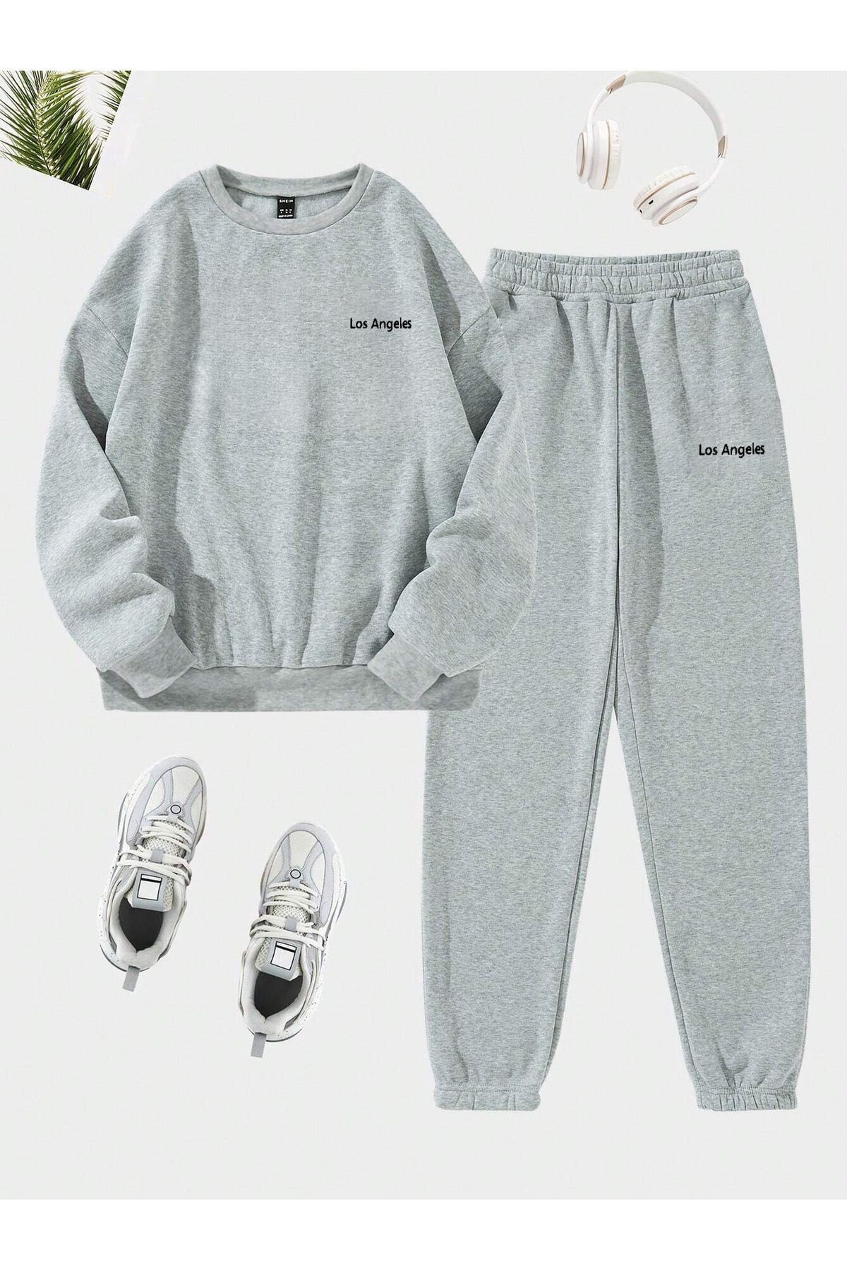 VBSVİBES-Gray CREW COLLAR COMBINATION Top-bottom Tracksuit Set LOS ANGLES 1