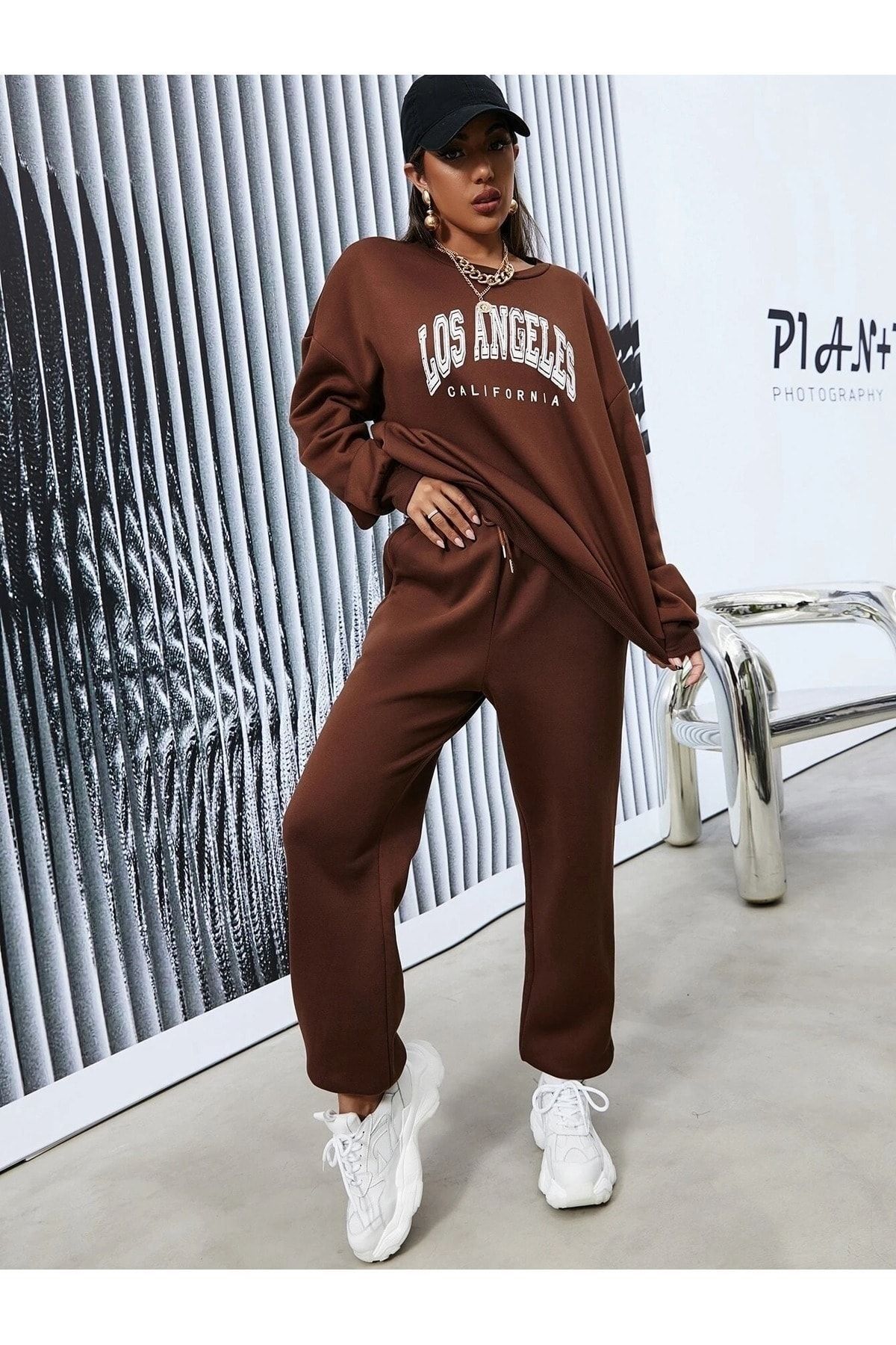 CLAYES-Σετ φόρμας Los Angeles Sweatshirt Jogger - Καφέ στάμπα Oversize Crew Neck 6