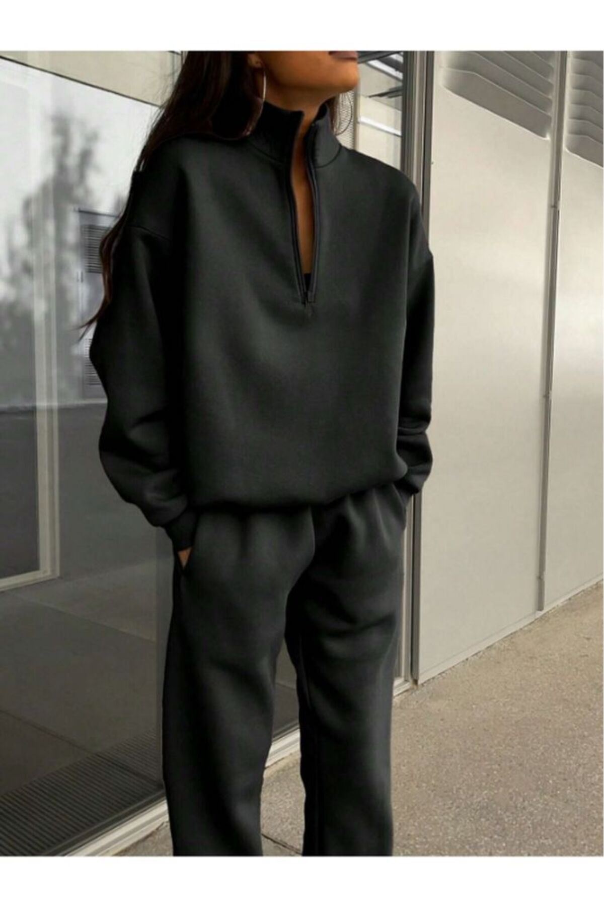 Basic Düz Fermuarlı Eşofman Takımı Sweatshirt Jogger - Siyah Oversize Şardonlu Dik Yaka — مشکی BCDFTKM-CLYS — تصویر 3 از 6
