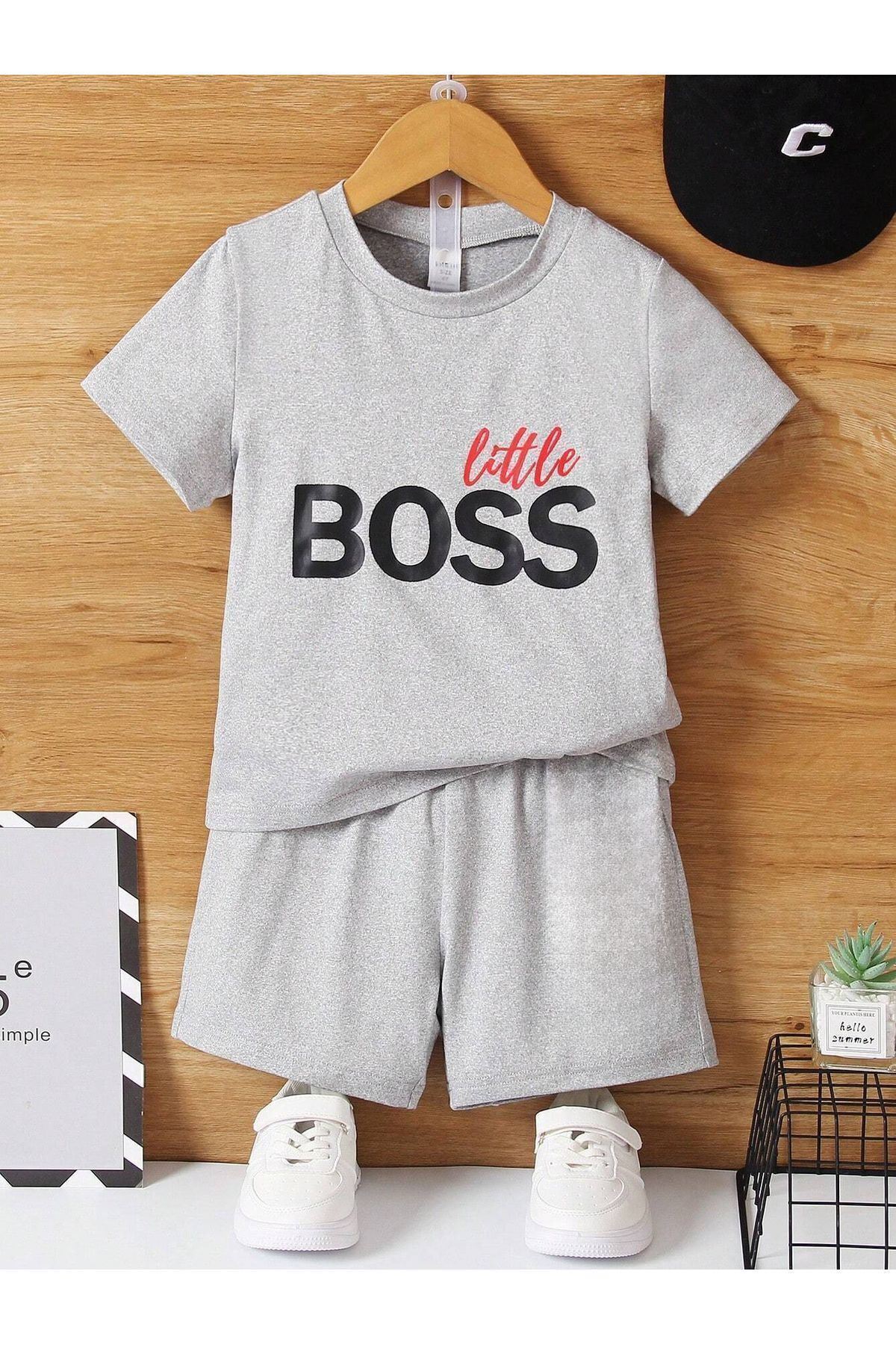 DUBU BUTİK-Little Boss Printed Gray Cotton Children's T-shirt and Shorts Set - Crew Neck 1