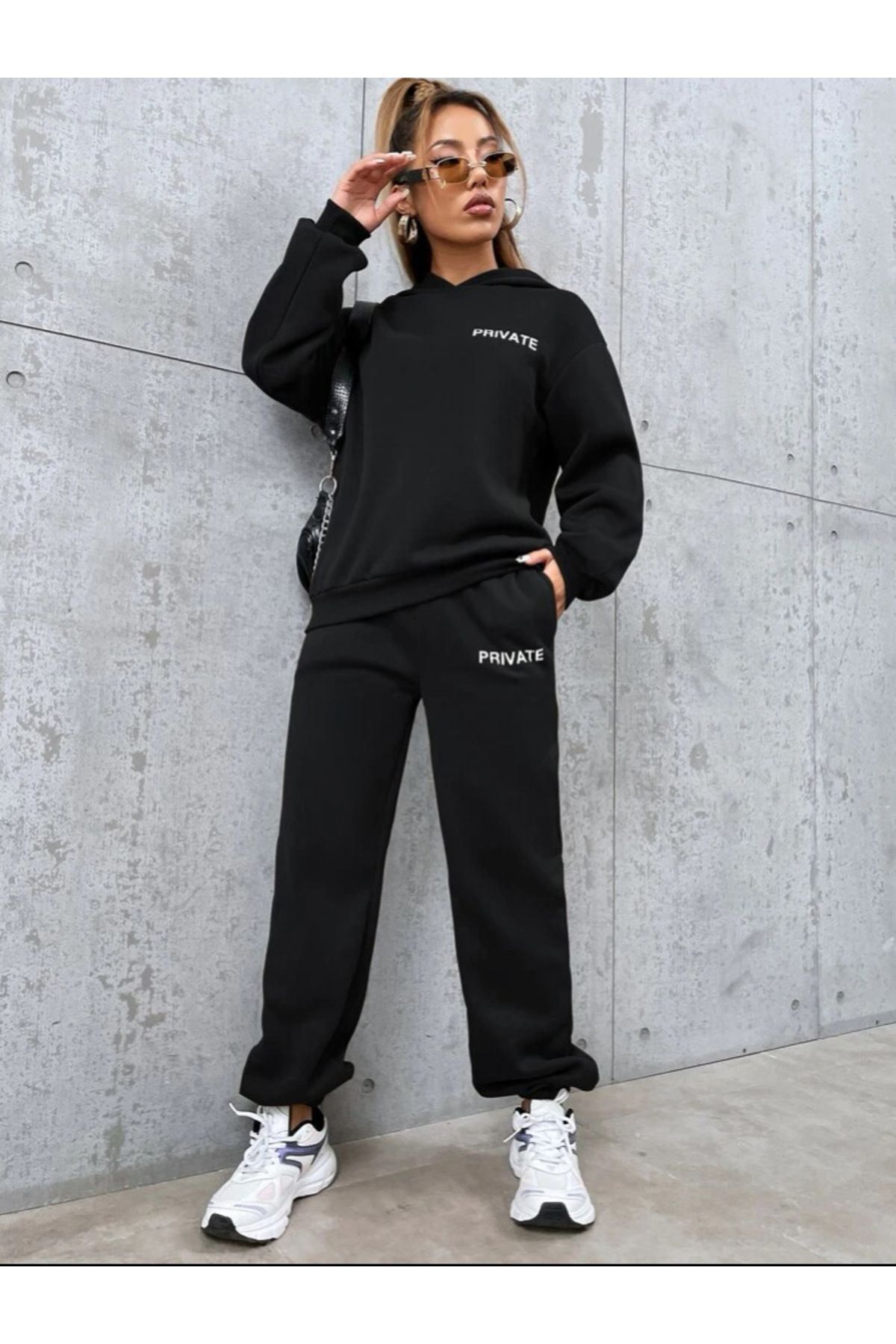 VBSVİBES-Black Hooded Combination Bottom Top Tracksuit Set private 4
