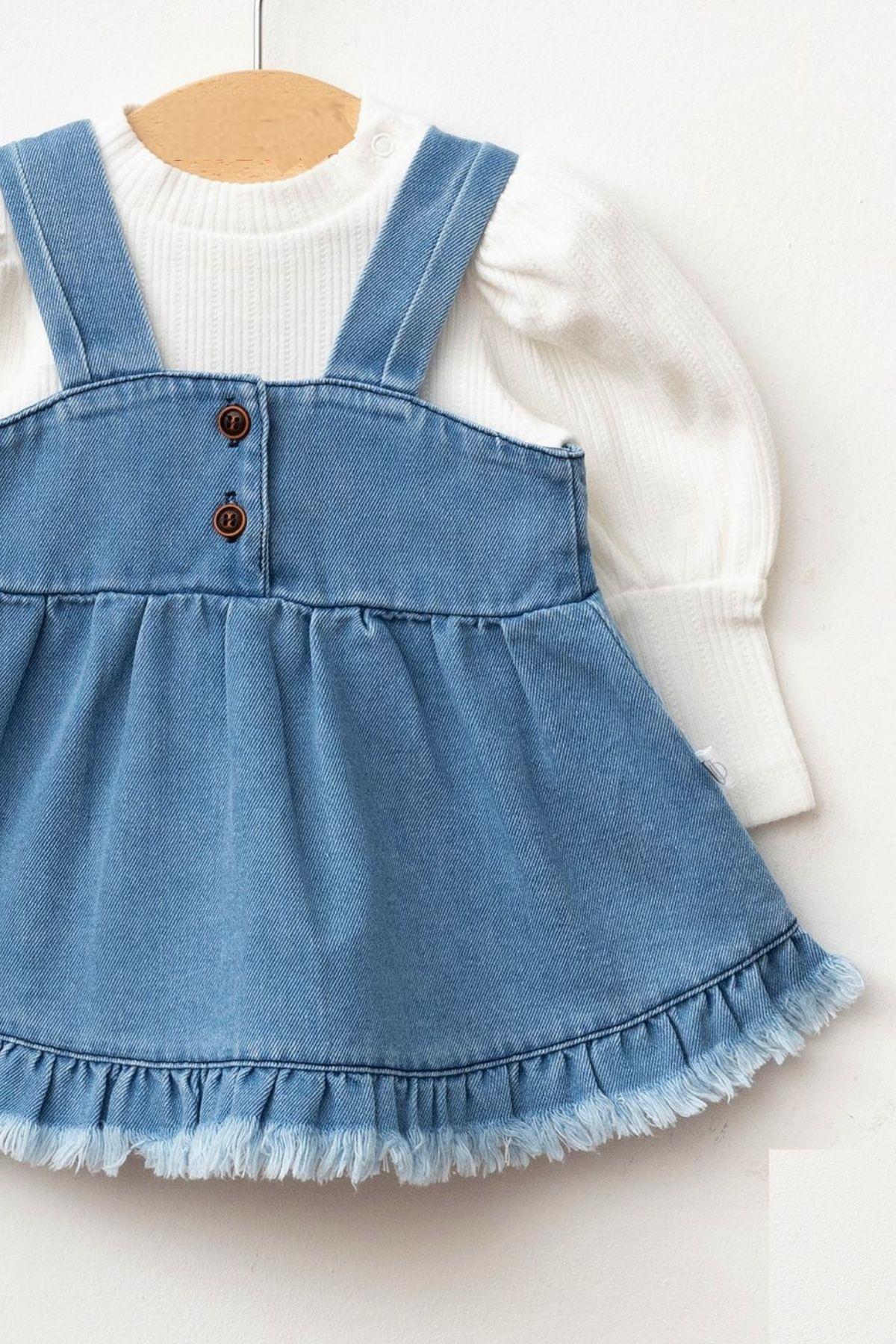 cantoy Kız Bebek Püsküllü Kot Jile Elbise Balon Bluz Lüks Jean Takım fotoğrafı 2 (önizleme)