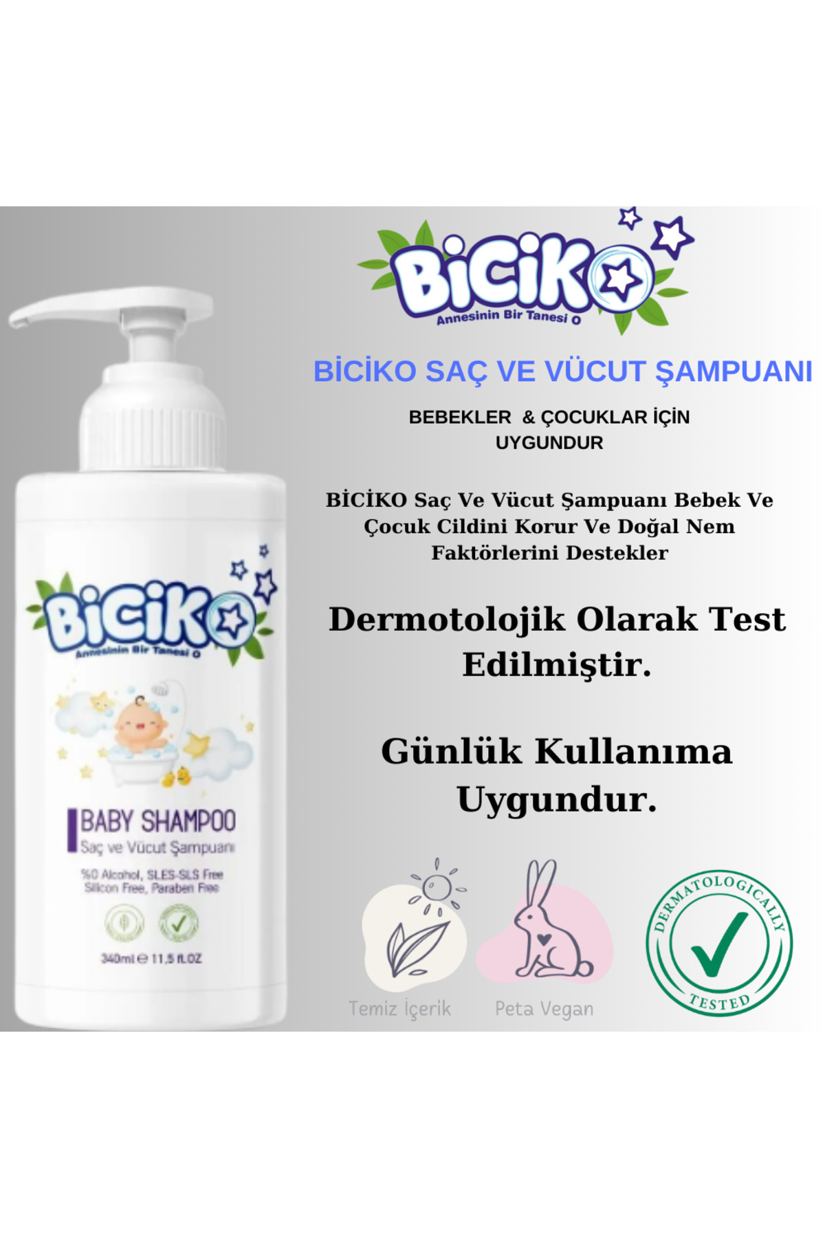 Biciko %100 Doğal Organik Vegan Saç Vücut ve Konak Önleyici Bebek Şampuanı 340ml fotoğrafı 3 (önizleme)