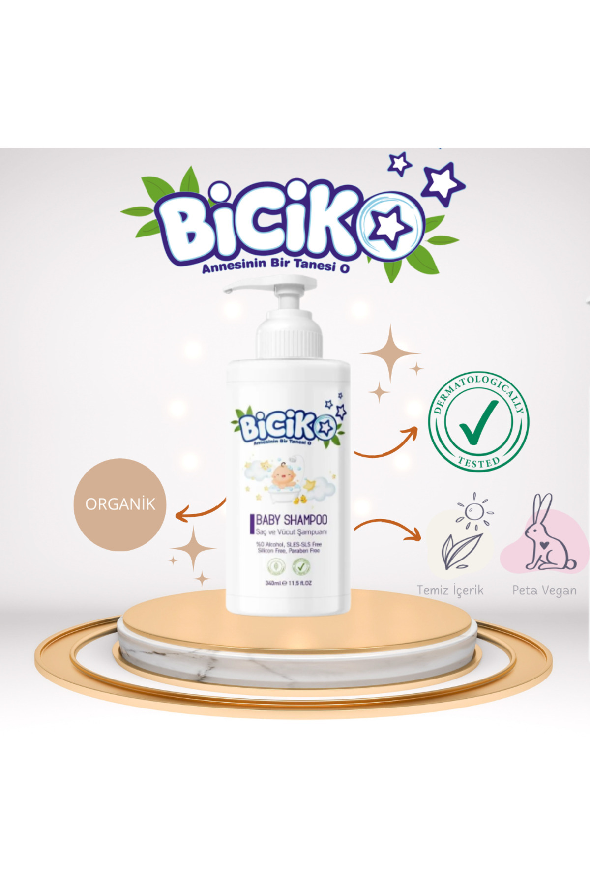 Biciko %100 Doğal Organik Vegan Saç Vücut ve Konak Önleyici Bebek Şampuanı 340ml fotoğrafı 2 (önizleme)