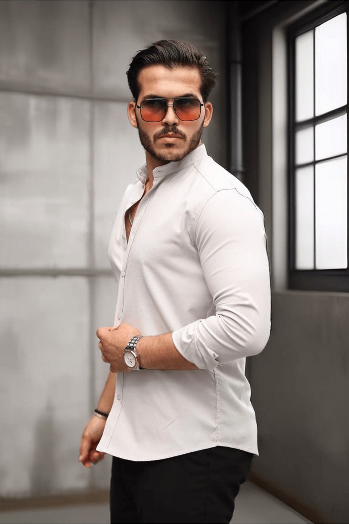Valiberta-Hakim Collar Oxford Fabric Long Sleeve Shirt - Stone 1