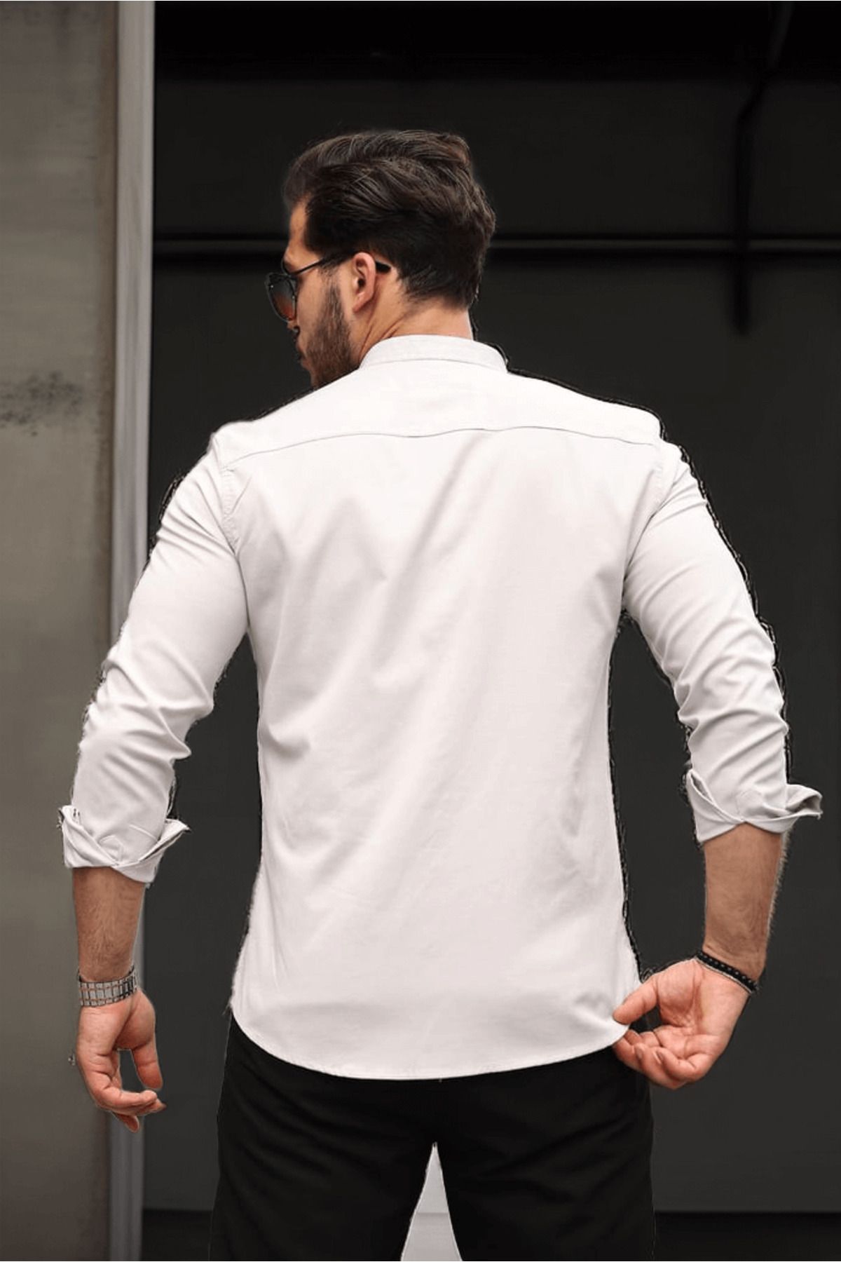 Valiberta-Hakim Collar Oxford Fabric Long Sleeve Shirt - Stone 4