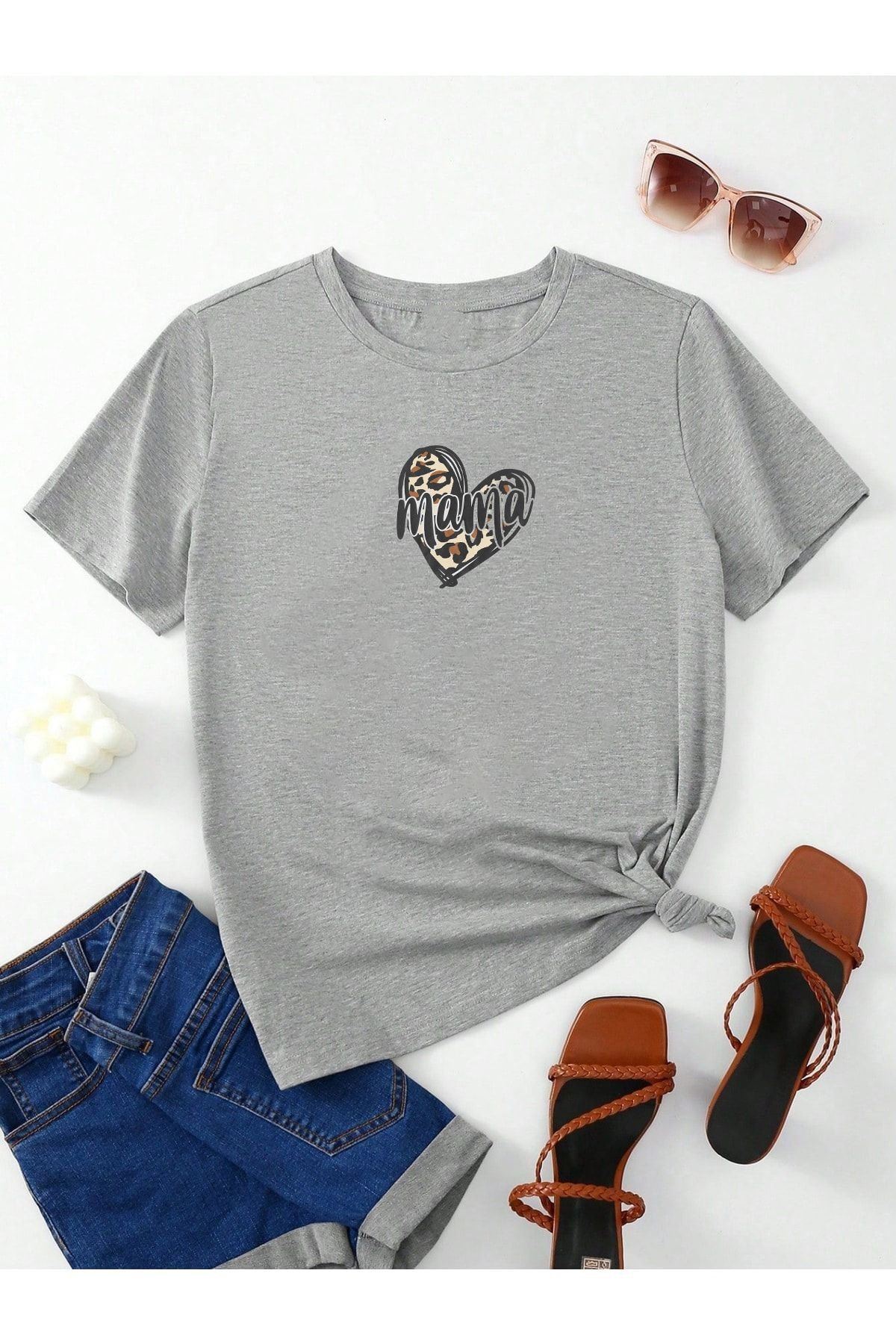 Pregnant Pregnant T-shirt Mama Heart Printed - Gray Crew Neck Oversized T-Shirt