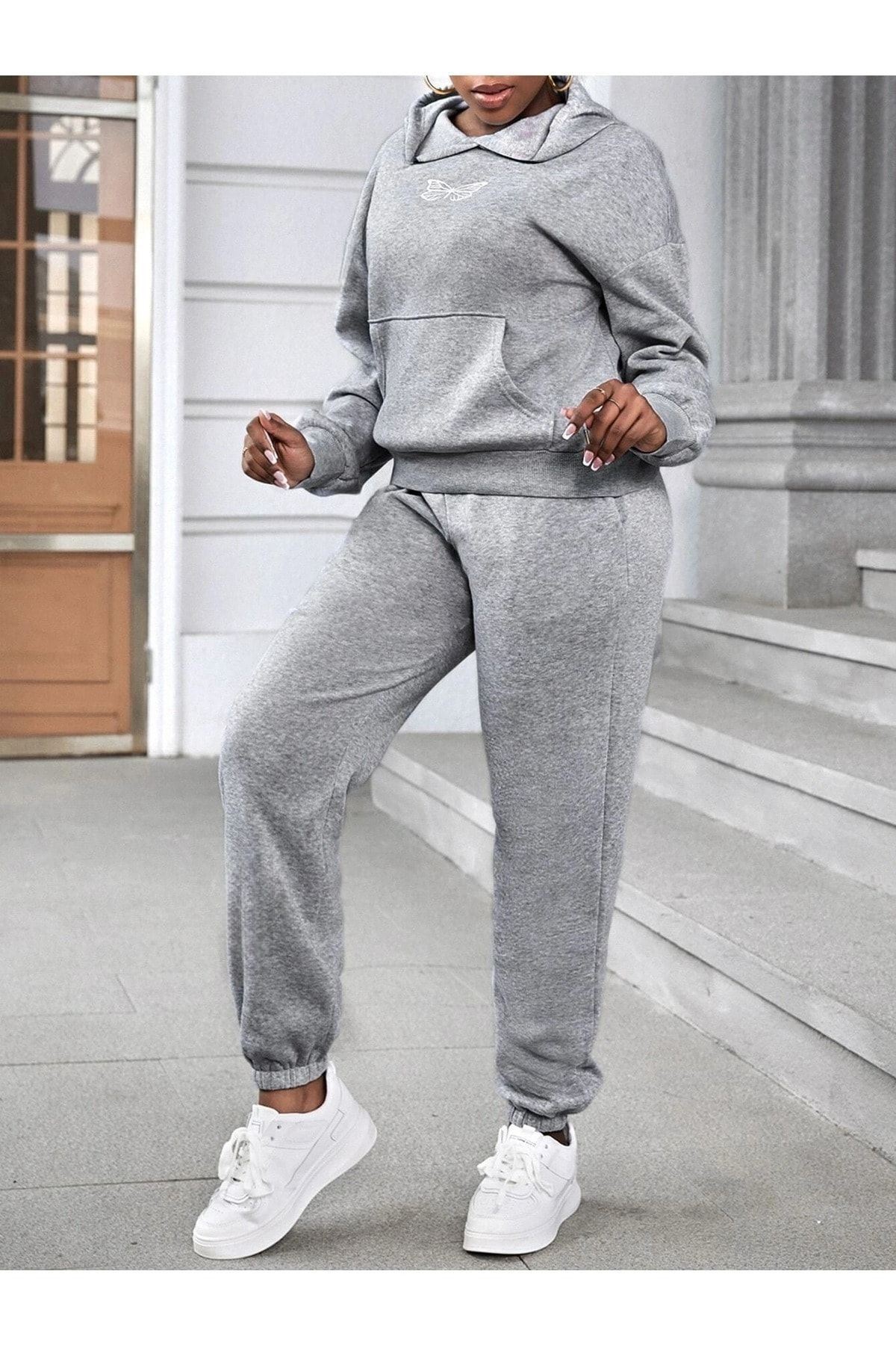 DUBU BUTİK Dupla pillangós tréningruha szett pulóver Jogger - szürke nyomott, túlméretezett, magasított kapucnis