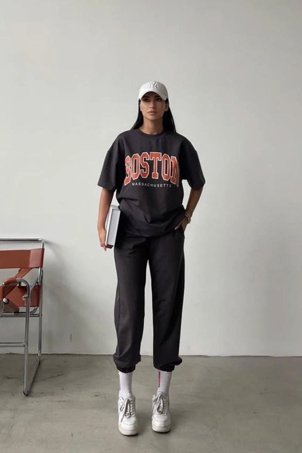 DUBU BUTİK-Boston T-shirt Sweatpants Jogger - Smoked Printed Bottom Top Σετ φόρμας Oversize Crew Neck 1
