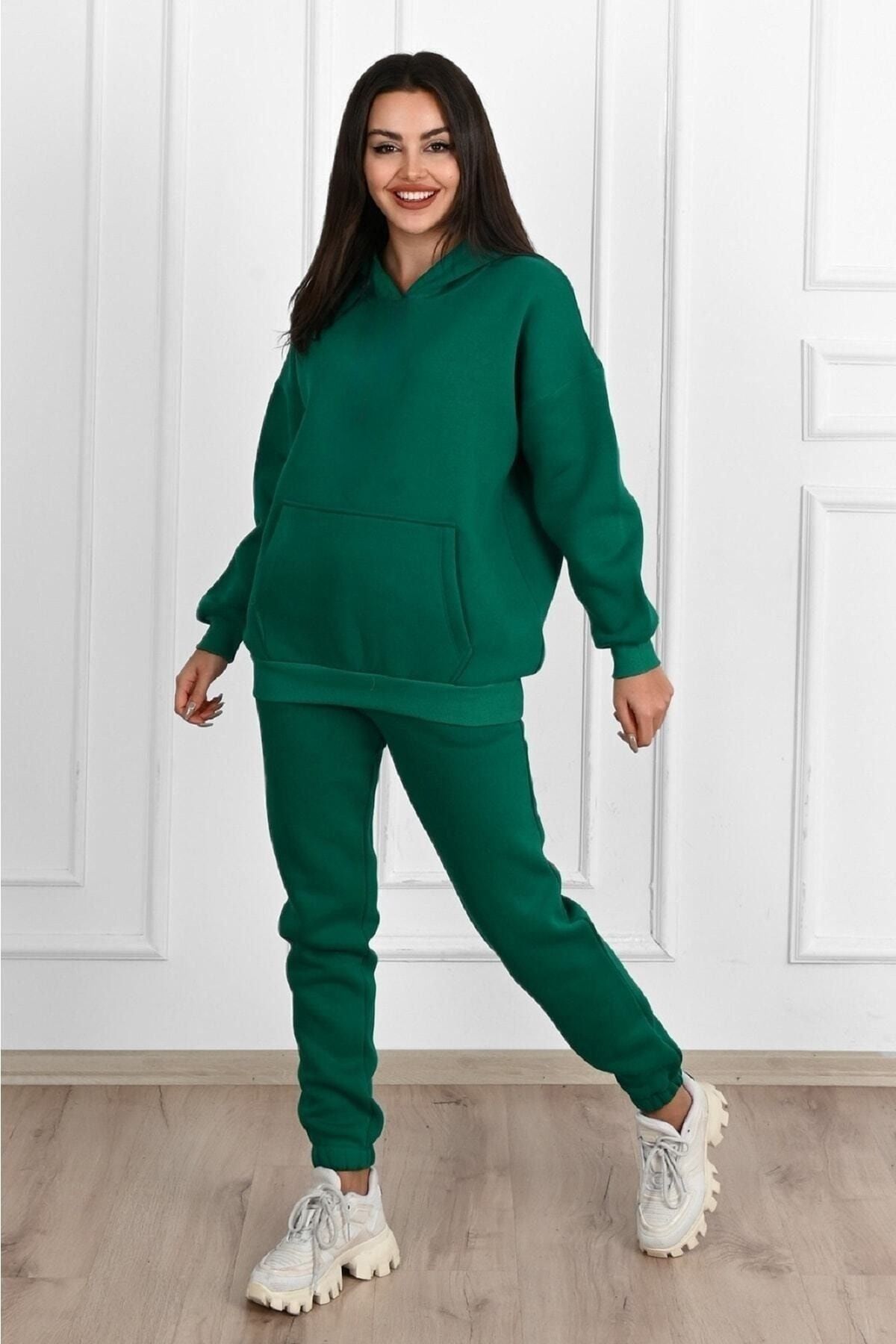 DUBU BUTİK-Світшот Duz Basic Suit Толстовка Jogger зеленого кольору з капюшоном оверсайз з капюшоном 3