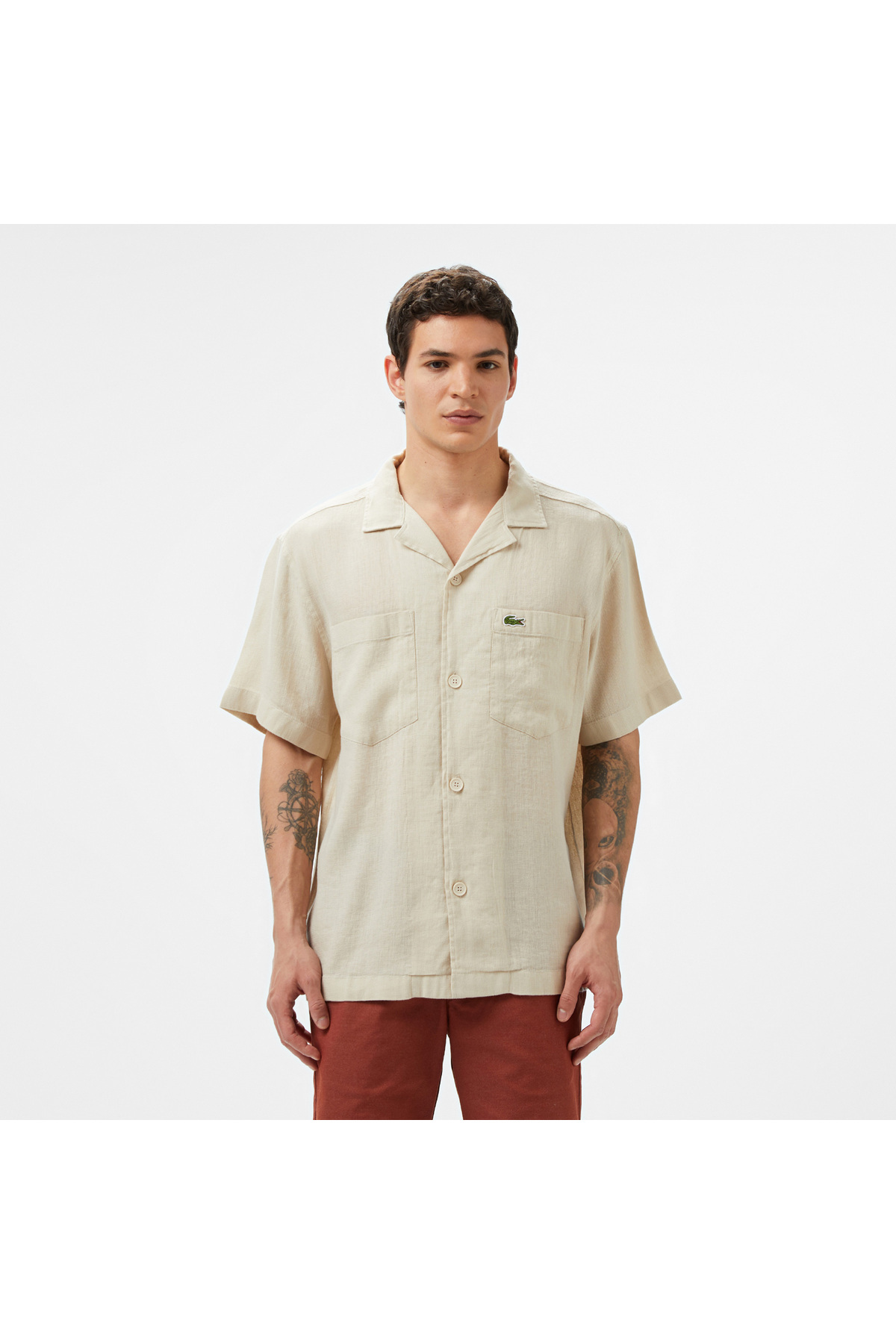 Erkek Relaxed Fit Kısa Kollu Bej Gömlek