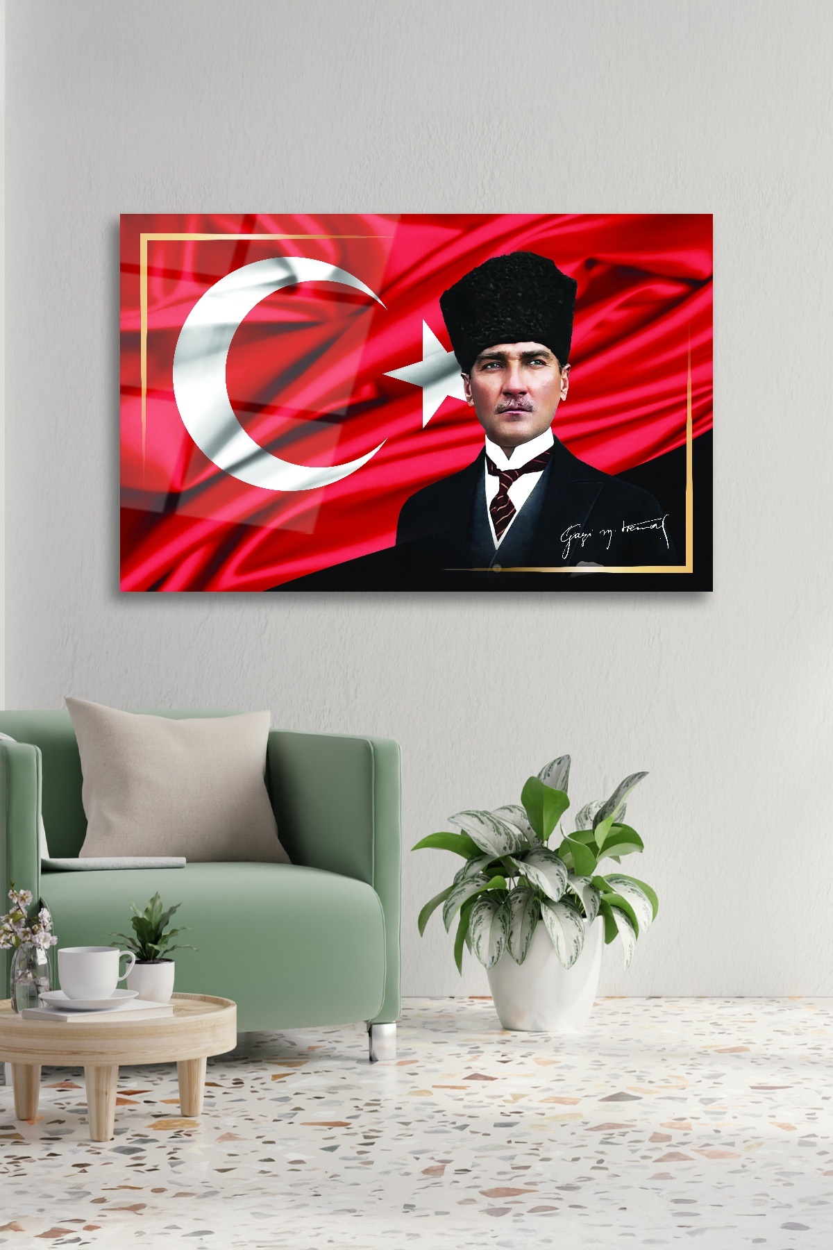 Türk Bayrağı Ve Atatürk Cam Tablo görsel 2