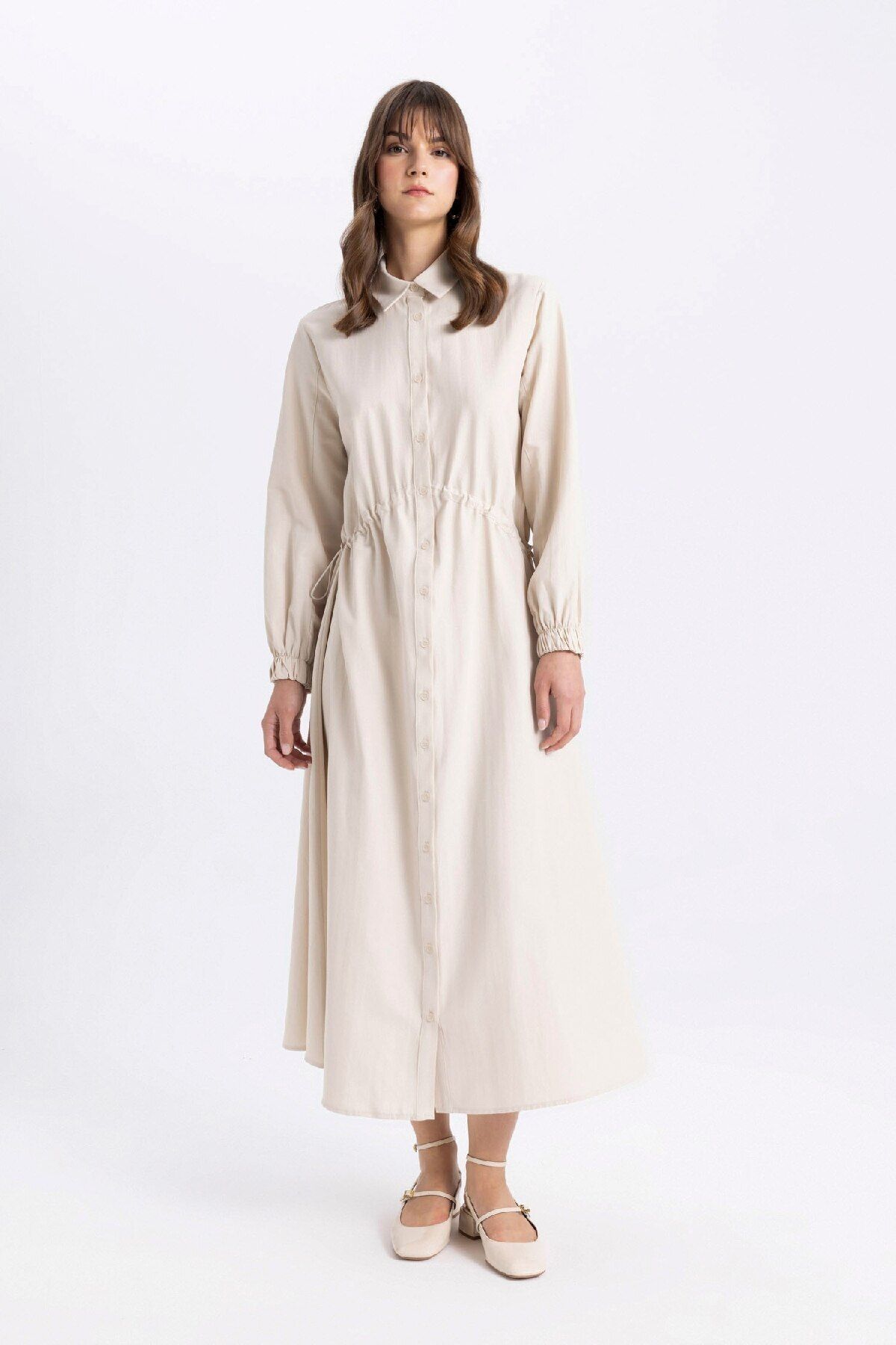 DeFacto-Rochie maxi cu guler cămașă din popelin - mânecă lungă B8578ax24sp 2