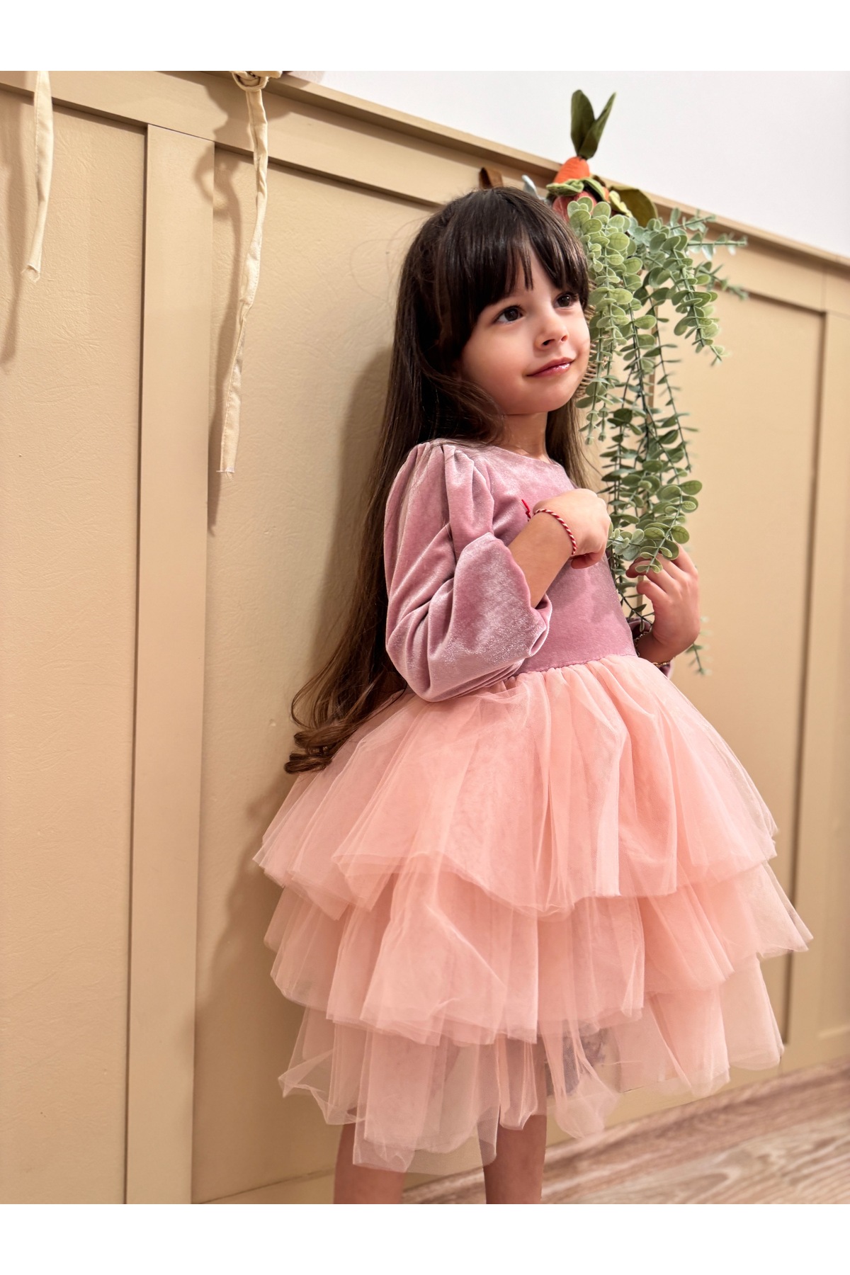 penu baby kids Pudra Kat Etekli Kadife Uzun Kol Kız Çocuk Kız Bebek Elbise fotoğrafı 4 (önizleme)