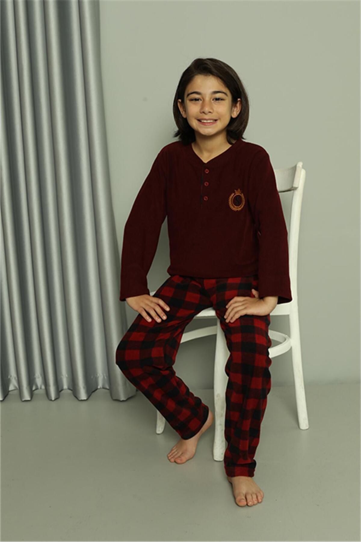 modaserdem Set De Pijamale Din Lână Welsoft Cu Mânecă Lungă Pentru Băiat Mdsrdm - Visiniu Unisex - 8