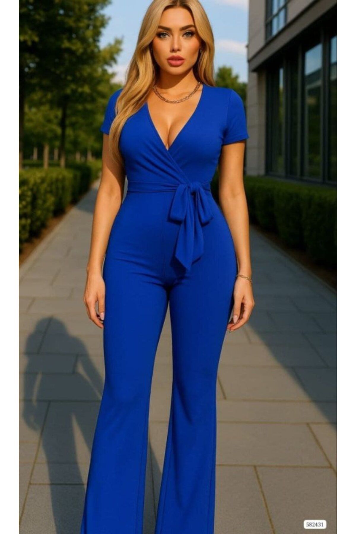 velmorafashion Kadın Kruvaze Yaka Kısa Kollu Kuşaklı Tulum