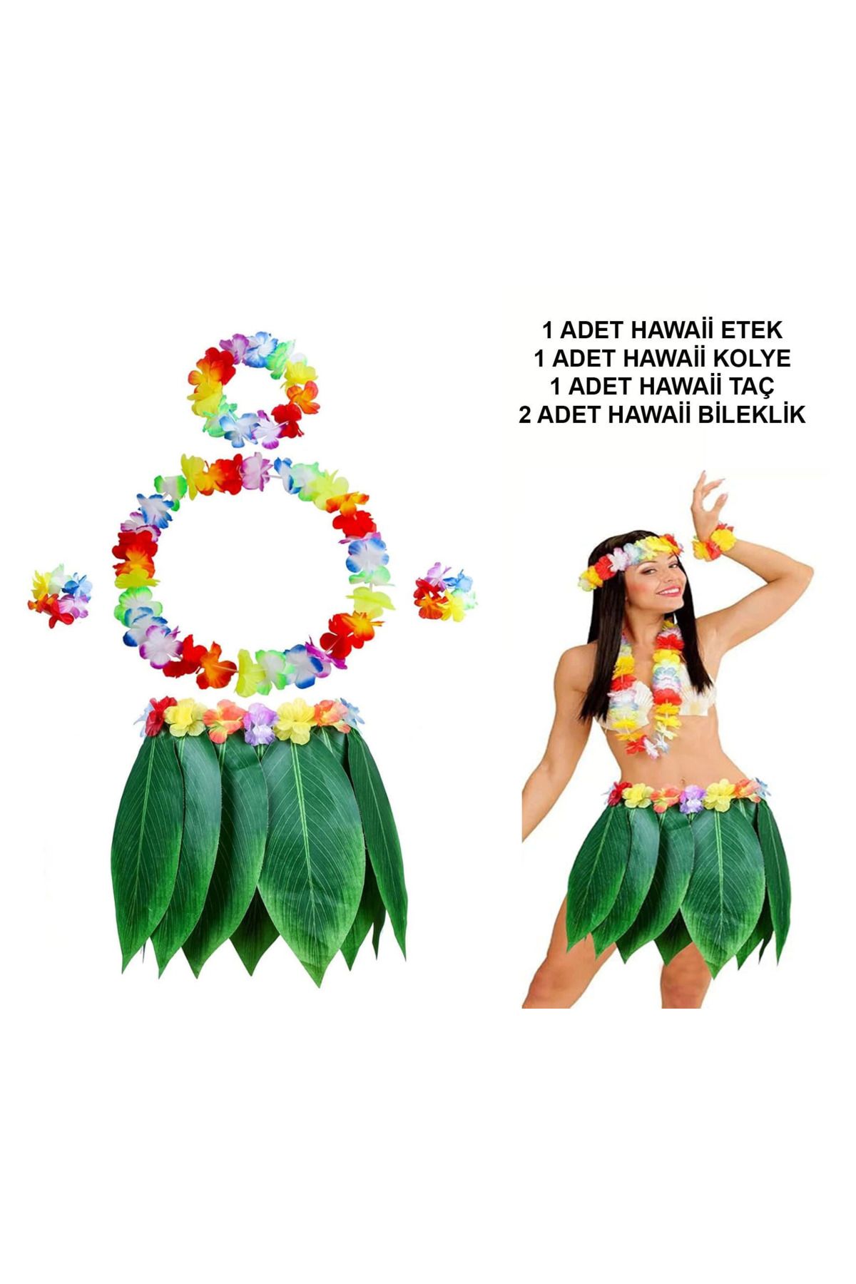 Narnuga Yetişkin Hawaii Kostüm Seti - Yaprak Etek Hawaii Set - 5 Parça - MCT4916-5567
