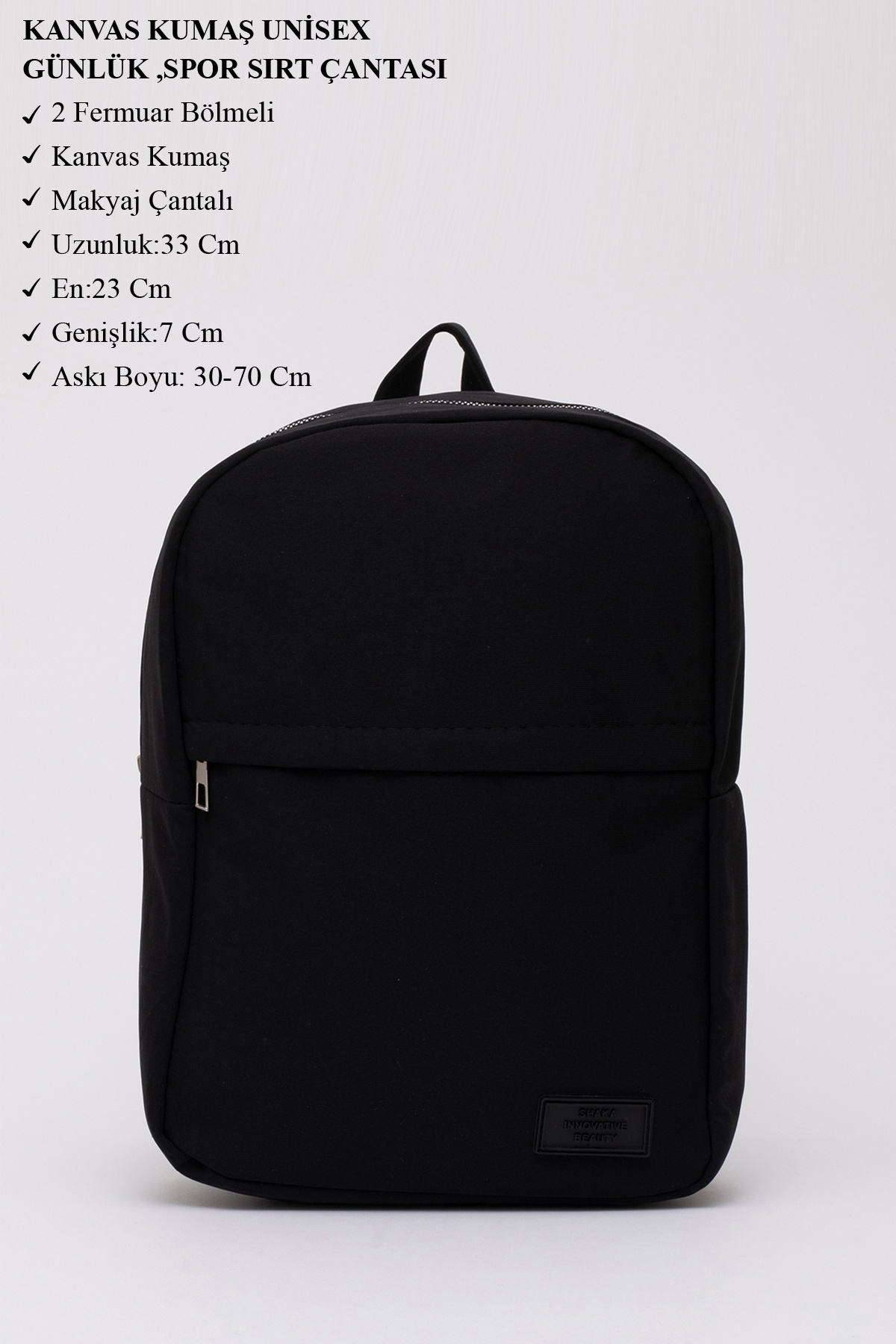 SHAKA Siyah Shk40 Kanvas Kumaş, 2 Bölmeli ,Fermuarlı, Ayarlanabilir Askılı Unisex Spor Sırt Çantası görsel 3