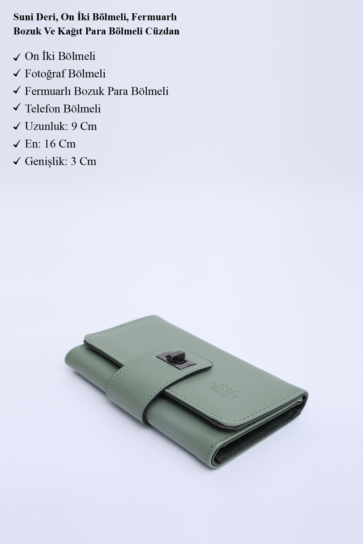 SHAKA Mint Yeşil SHK203 Suni Deri 12 Bölmeli , Kartlık, Bozuk Ve Kağıt Para Bölmeli Kilit Detaylı Cüzdan görsel 3