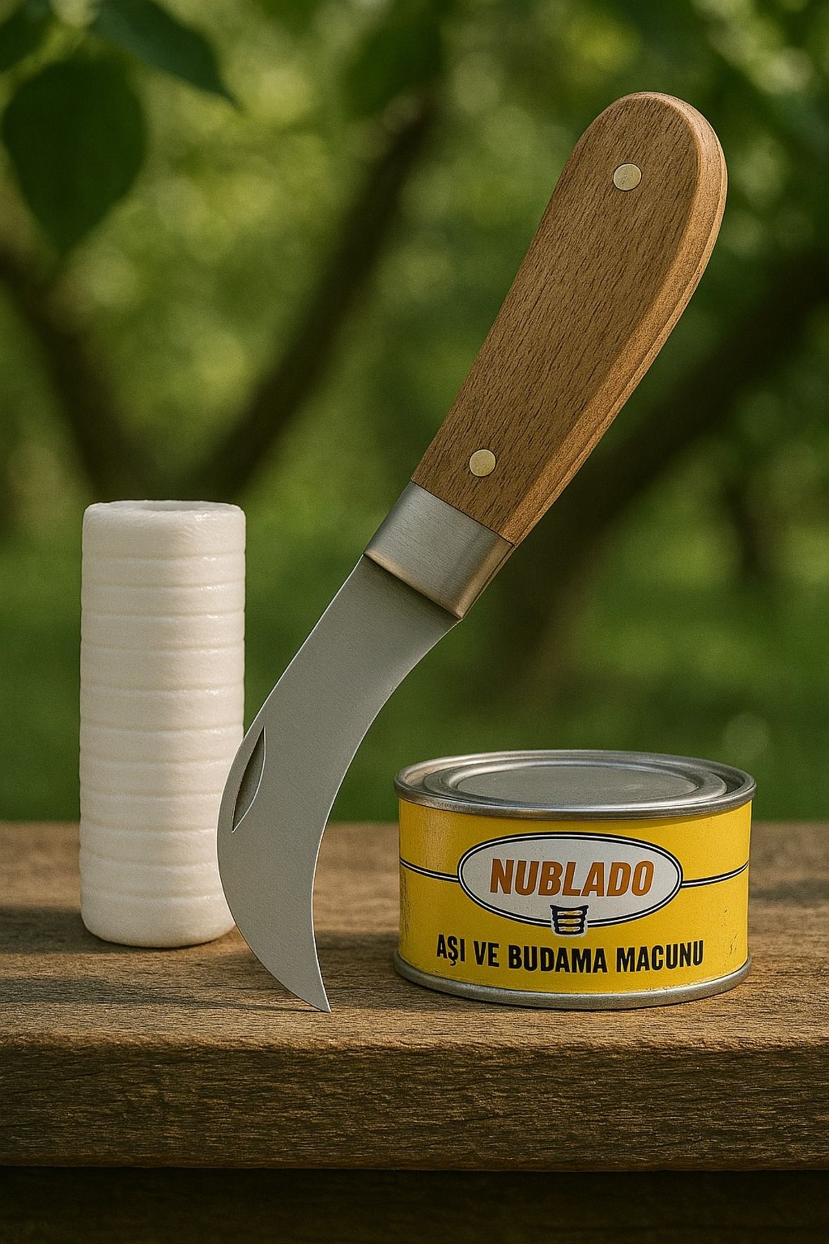 NUBLADO Aşı Bıçağı Eğri Uçlu Bağ Bıçağı Ara Çakı 21 cm + Aşı Bandı + Aşı Macunu (3'LÜ SET).