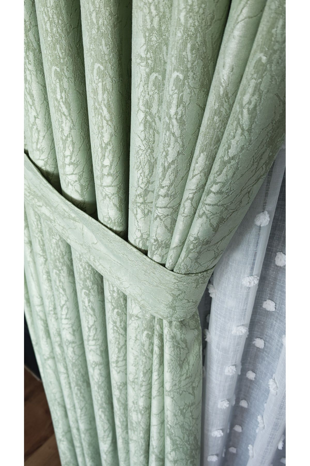 Yuka-Luxury Satin Textured Marble Pattern Panel Background Curtain 1/3 Dense Pleated Single Wing 4