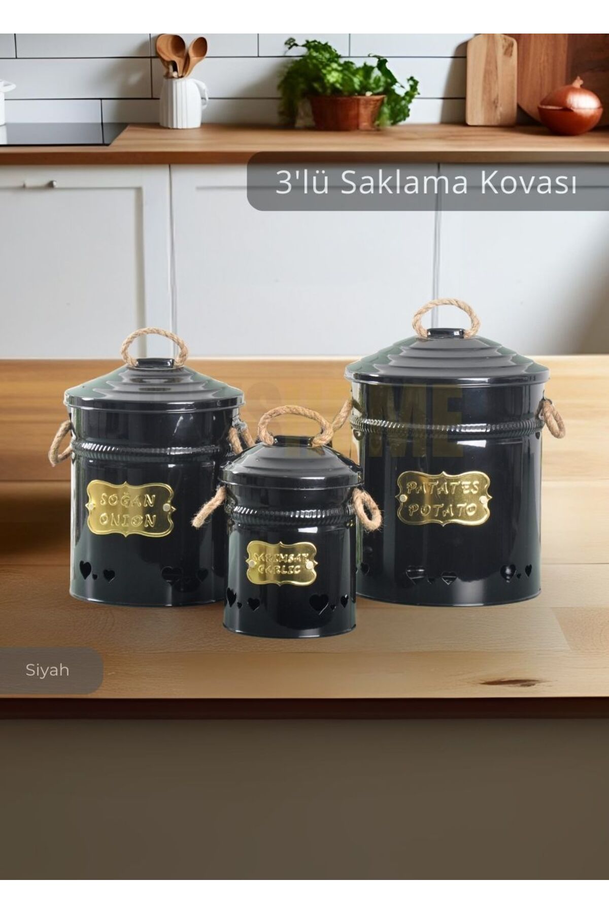 Jet's Home Patates Soğan Sarımsak Kovası 3'Lü Sebzelik Paslanmaz Organizer Patates Soğan Sepeti Siyah