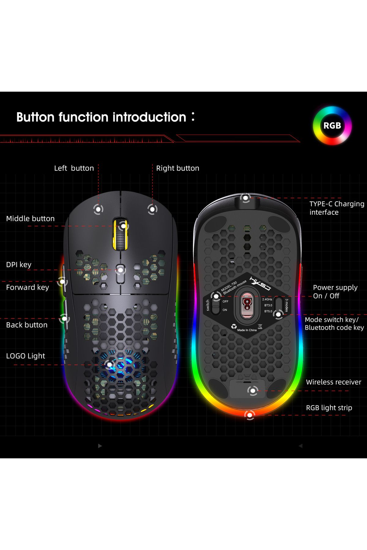 FlashHawk-Wireless Bluetooth Gaming Mouse Rgb Lighting Mouse with 4 Adjustable DPI for Desktop Laptop Black 5