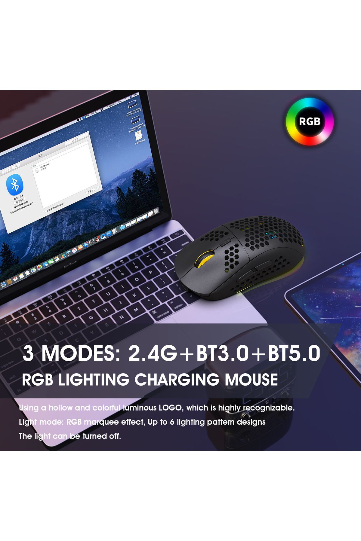 FlashHawk-Wireless Bluetooth Gaming Mouse Rgb Lighting Mouse with 4 Adjustable DPI for Desktop Laptop Black 3