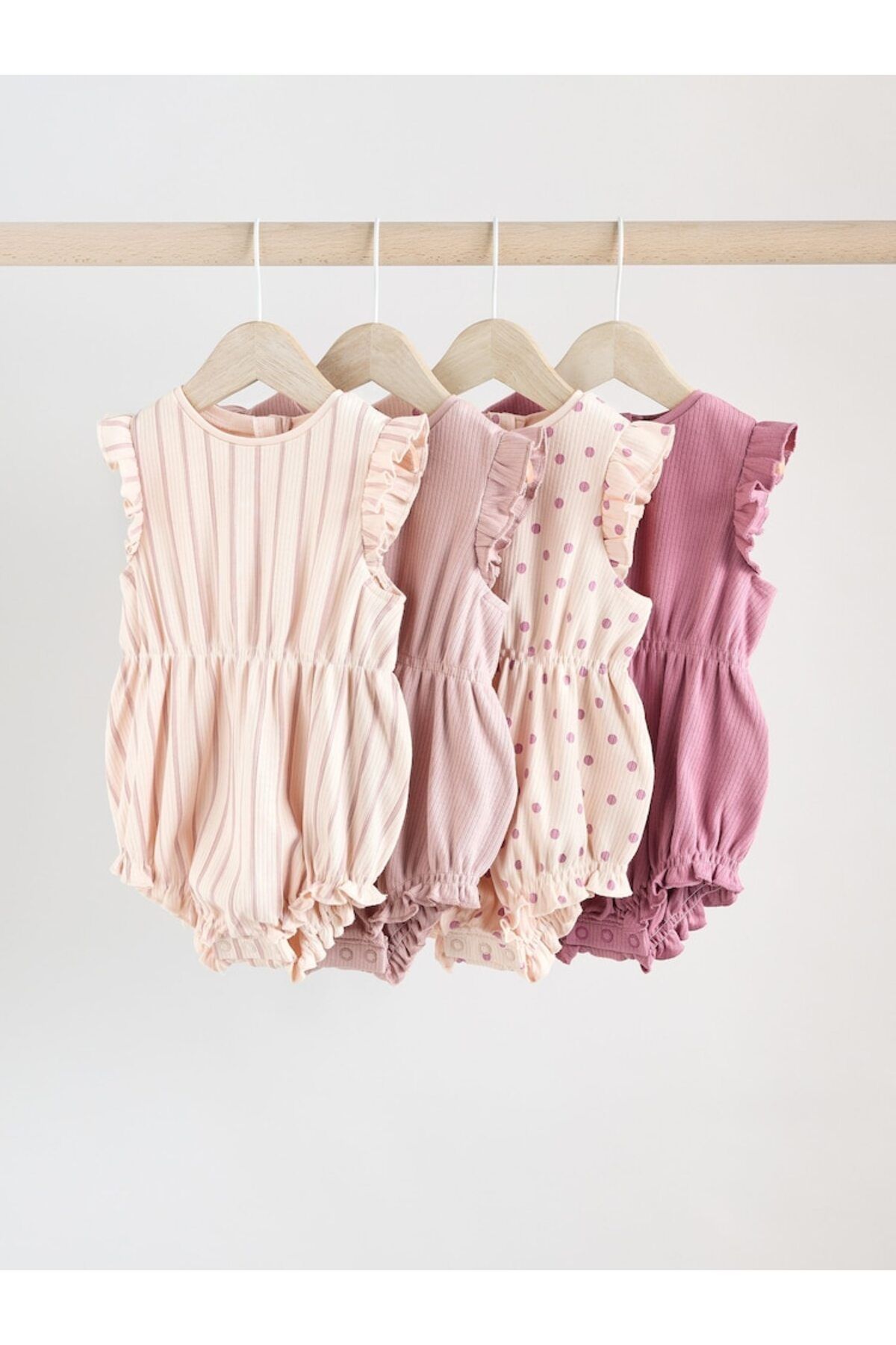%100 Pamuklu Pembe Krem Benekli 4'lü Romper Set