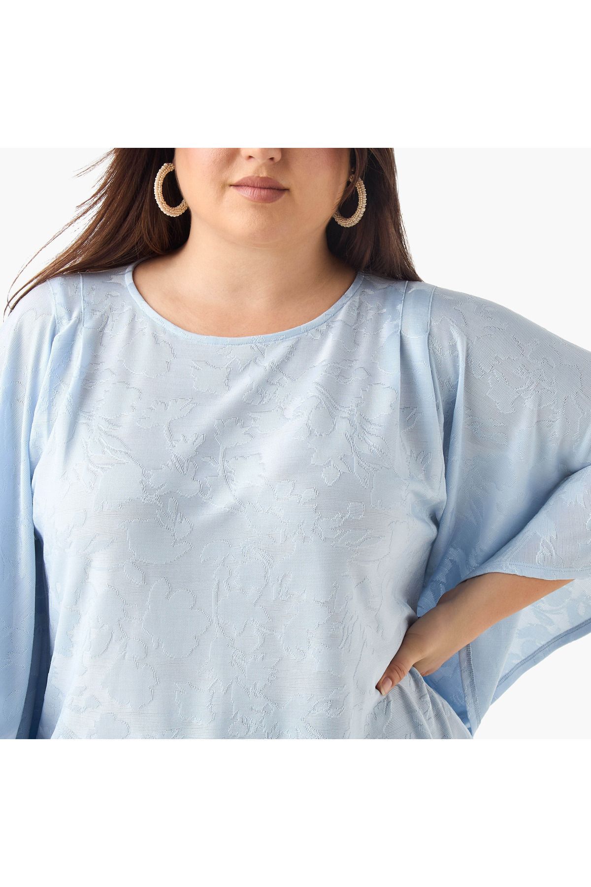 Ulla Popken-Plus Size Ulla Popken Textured Top with Round Neck and 3/4 Sleeves 4