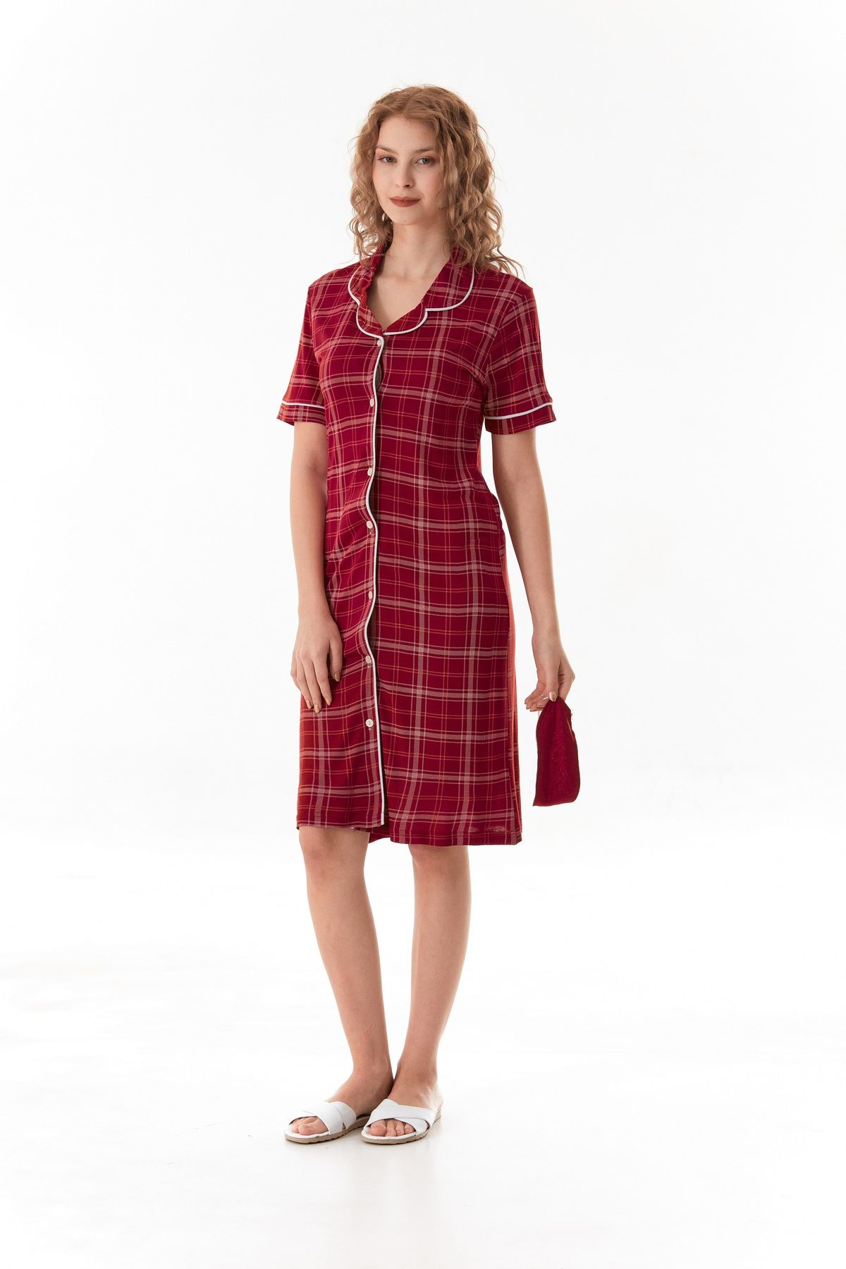 CALİA-Women's Buttoned Viscose Fabric Nightgown Dress (with Sleeping Headband Gift) 3