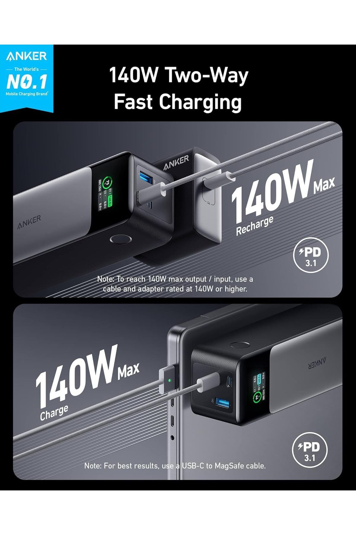 Anker-737 Power Bank (PowerCore 24K), 24,000mAh 3-Port Portable Charger with 140W Output 5