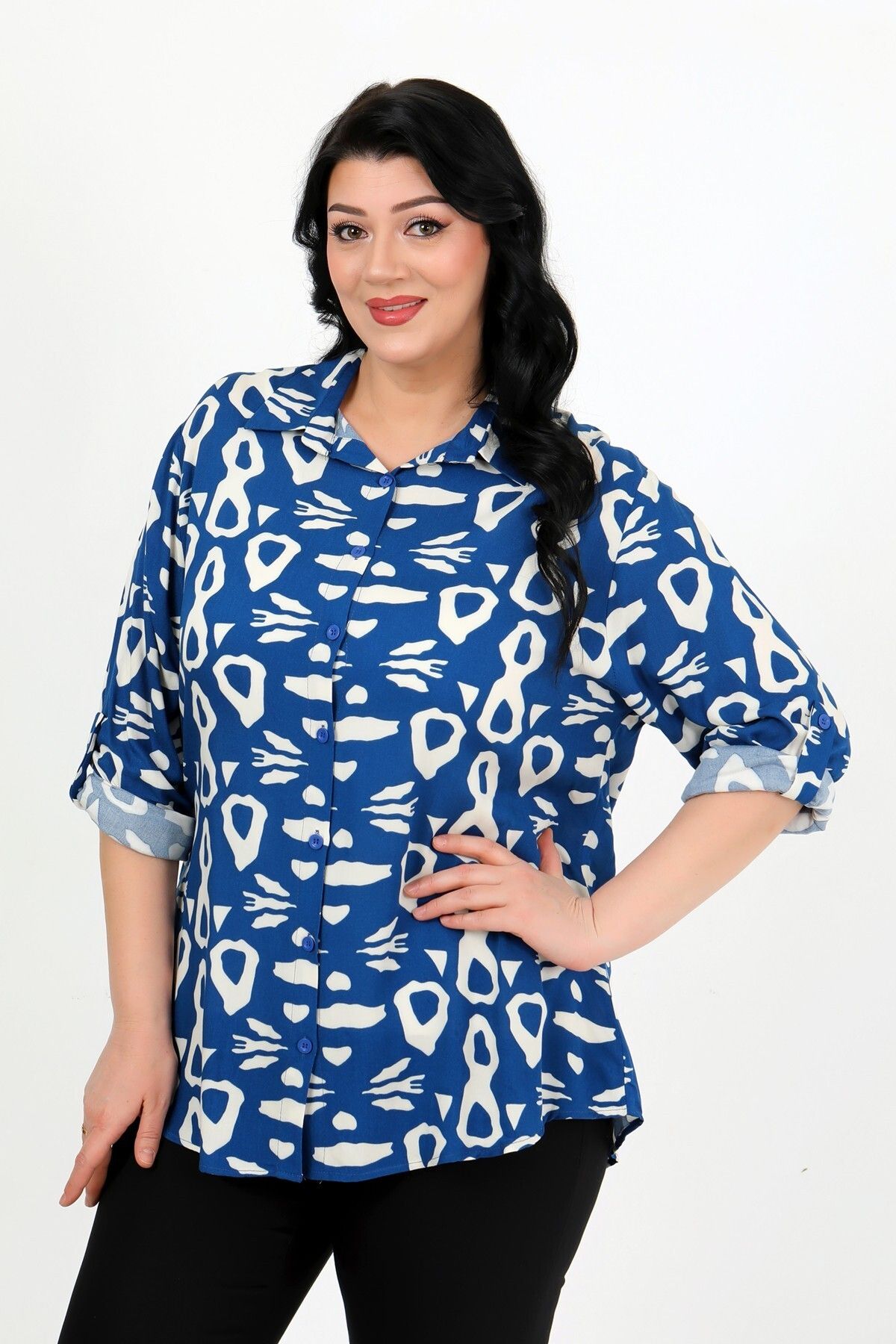 By Alba Collection-Women's Indigo Patterned Cotton Viscose Plus Size Shirt 2