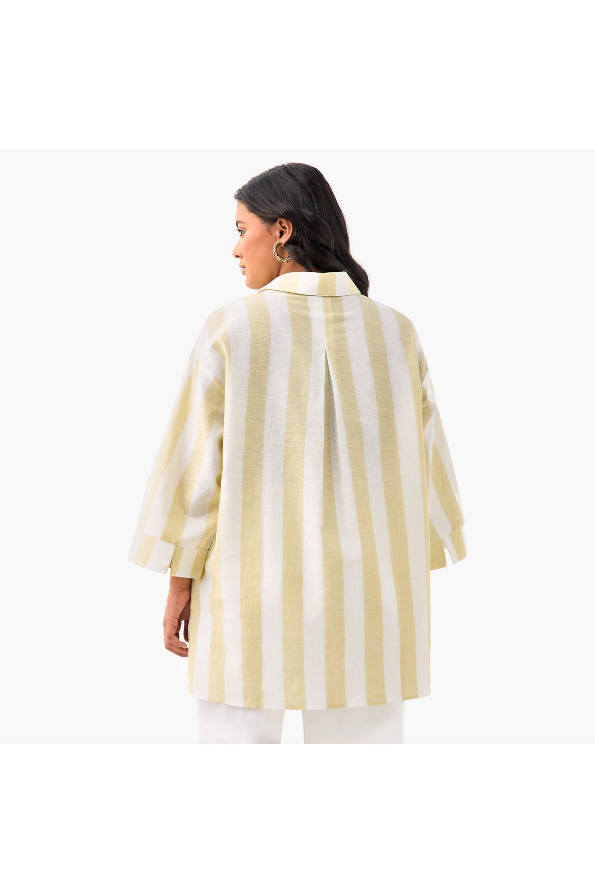 Ulla Popken-Plus Size Ulla Popken Striped Linen Top with Collar and Long Sleeves 3