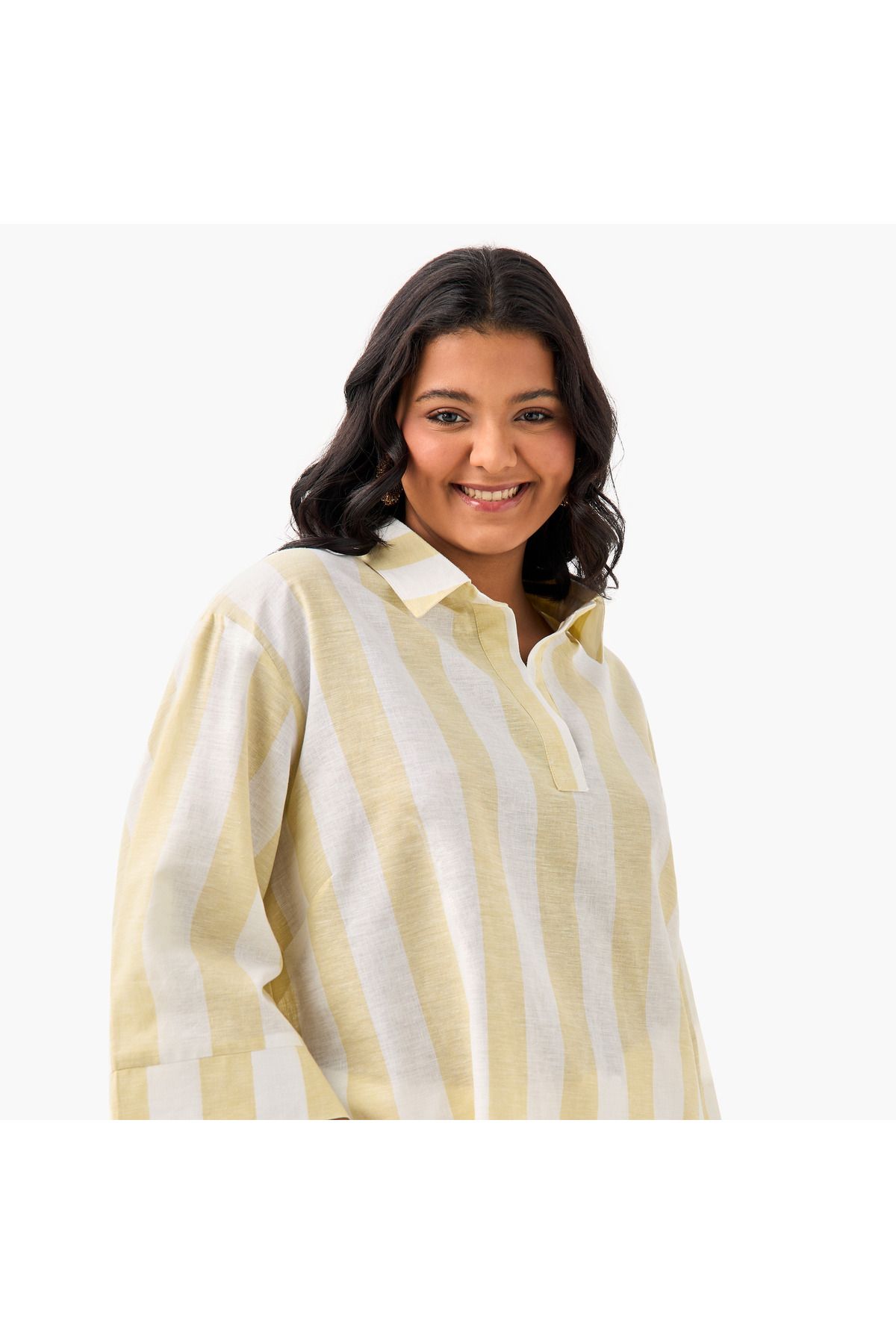 Ulla Popken-Plus Size Ulla Popken Striped Linen Top with Collar and Long Sleeves 4