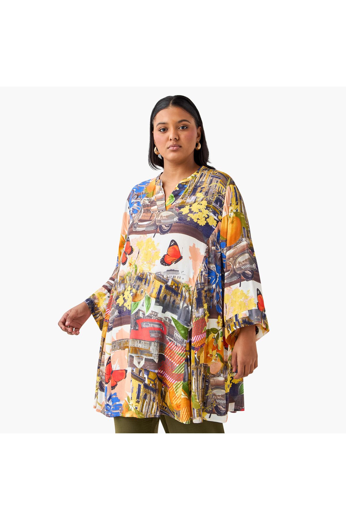 Ulla Popken-Plus Size Ulla Popken Graphic Print Top with Mandarin Neck and 3/4 Sleeves 1