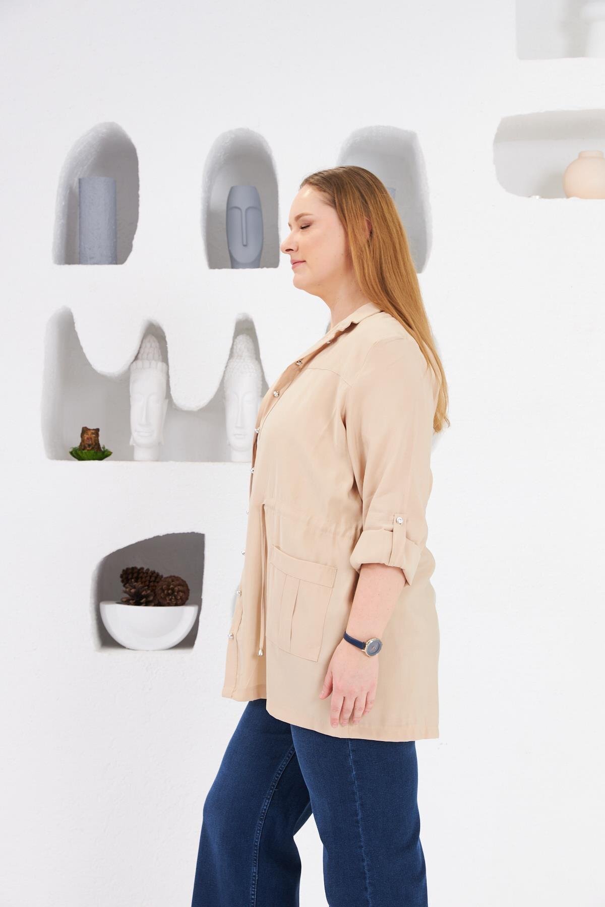RMG-Large Size Jacket - Specific Cream Against Online Purchase Applications with Waist Lacing 4